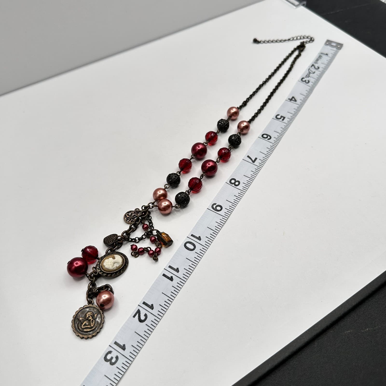 Vintage 90s Avon Beaded Charm Lariat Necklace Cameo Angel Heart Women's Jewelry - Thumbnail 9