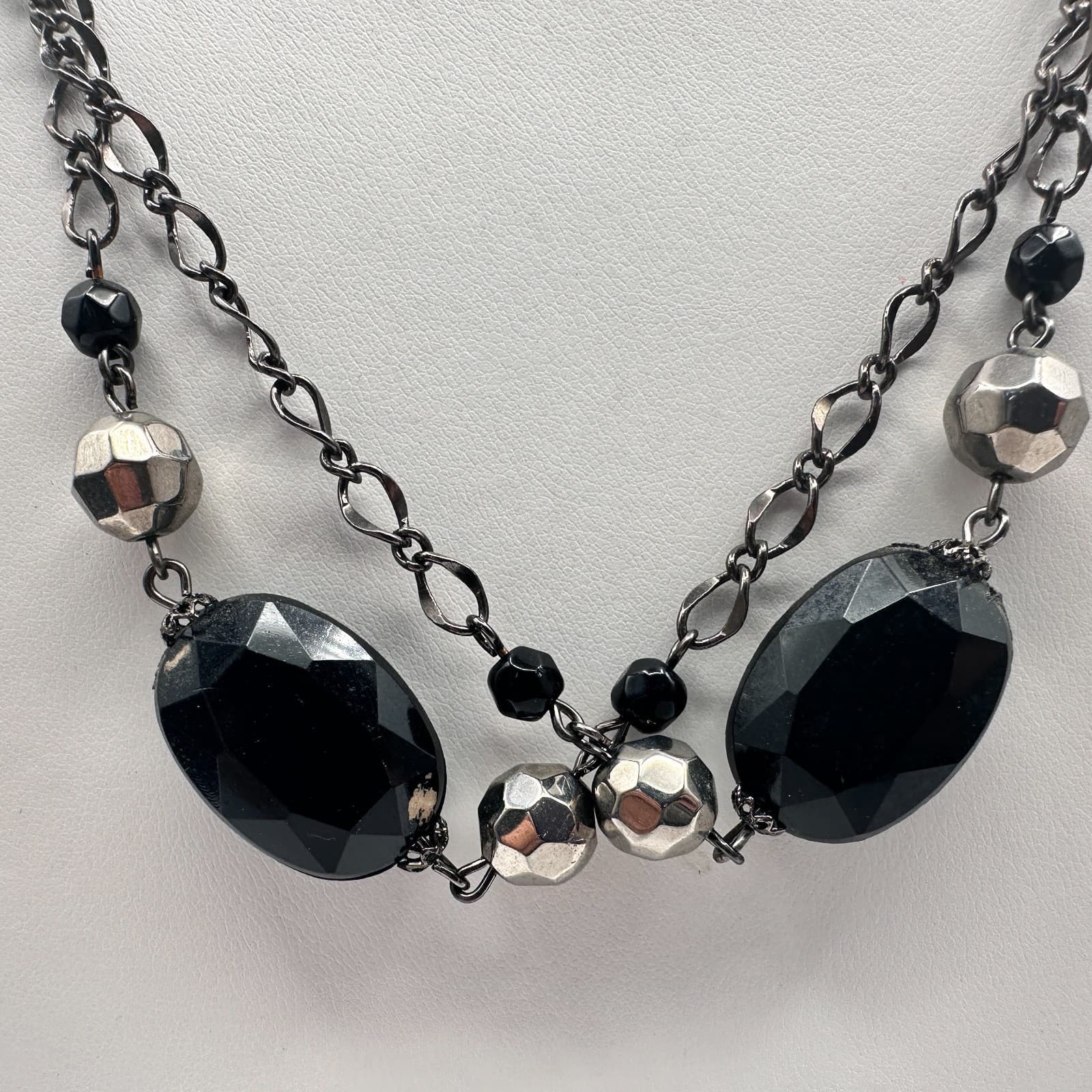 Vintage Y2K Multi Strand Necklace Black Faceted Beaded Silver Tone Boho Jewelry - Thumbnail 3