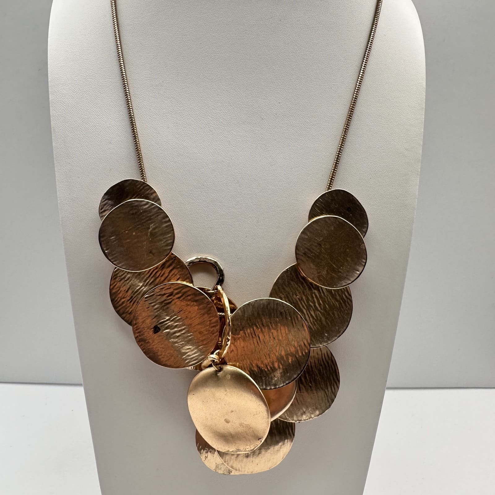 Vintage Y2K Gold Tone Hammered Disc Statement Bib Necklace Boho Women's Jewelry - Thumbnail 7