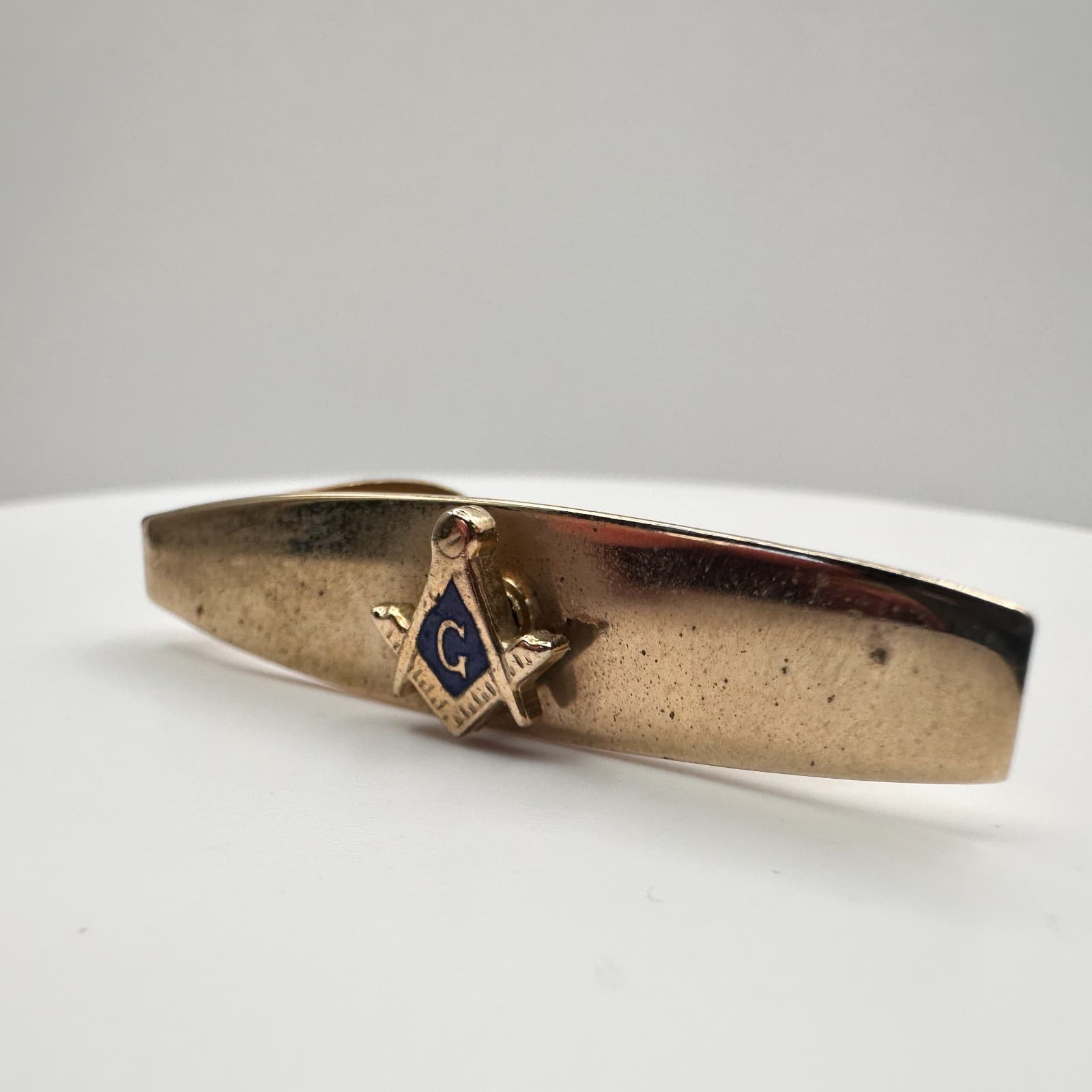 Vintage 90s Masonic Cufflinks & Tie Bar Set Gold Tone Blue Enamel Square Compass - Thumbnail 9