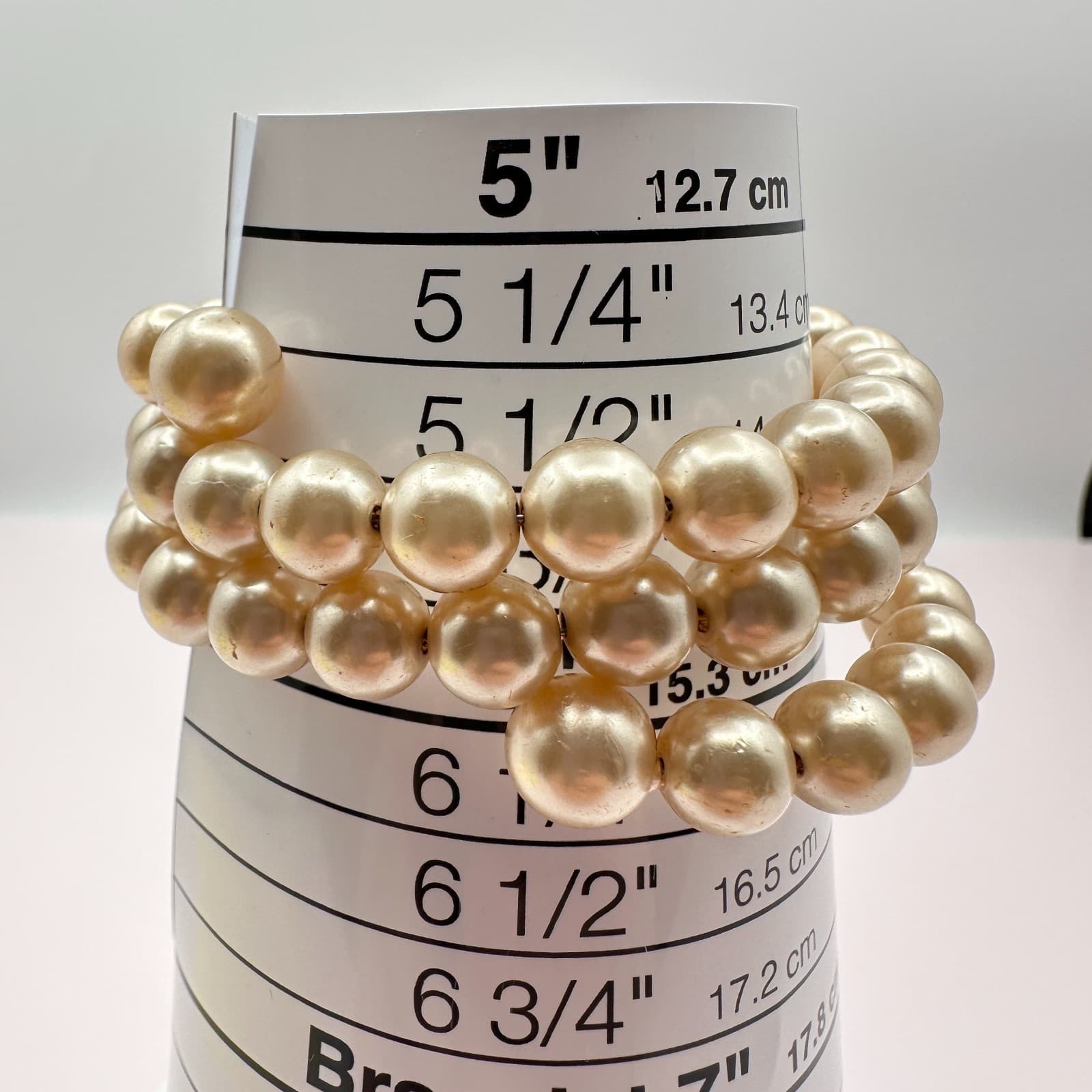Vintage 80s Chunky Gold Tone Faux Pearl Bead Stackable Stretch Bracelet Jewelry - Thumbnail 6