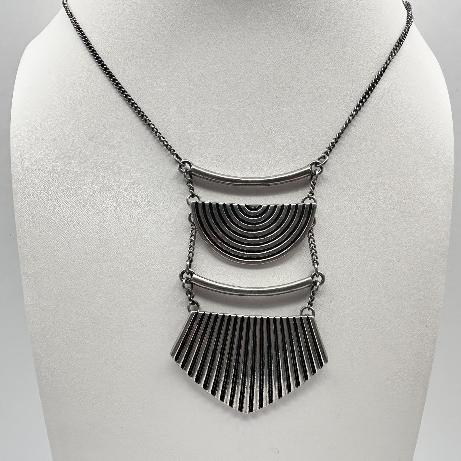 Vintage 90s Silver Tone Geometric Statement Necklace Tiered Bib Boho Jewelry - Thumbnail 2