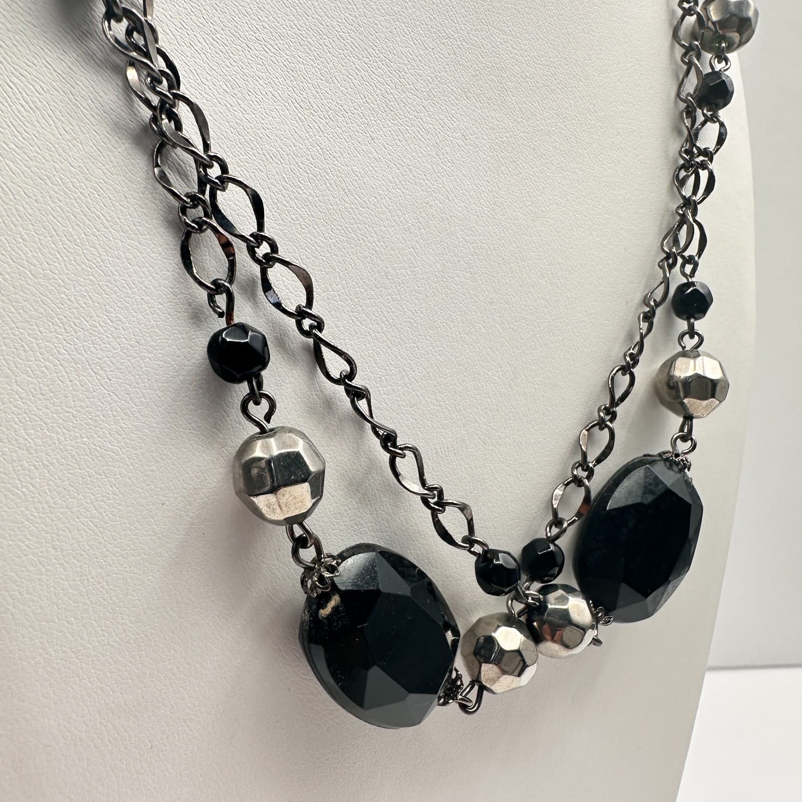 Vintage Y2K Multi Strand Necklace Black Faceted Beaded Silver Tone Boho Jewelry - Thumbnail 4