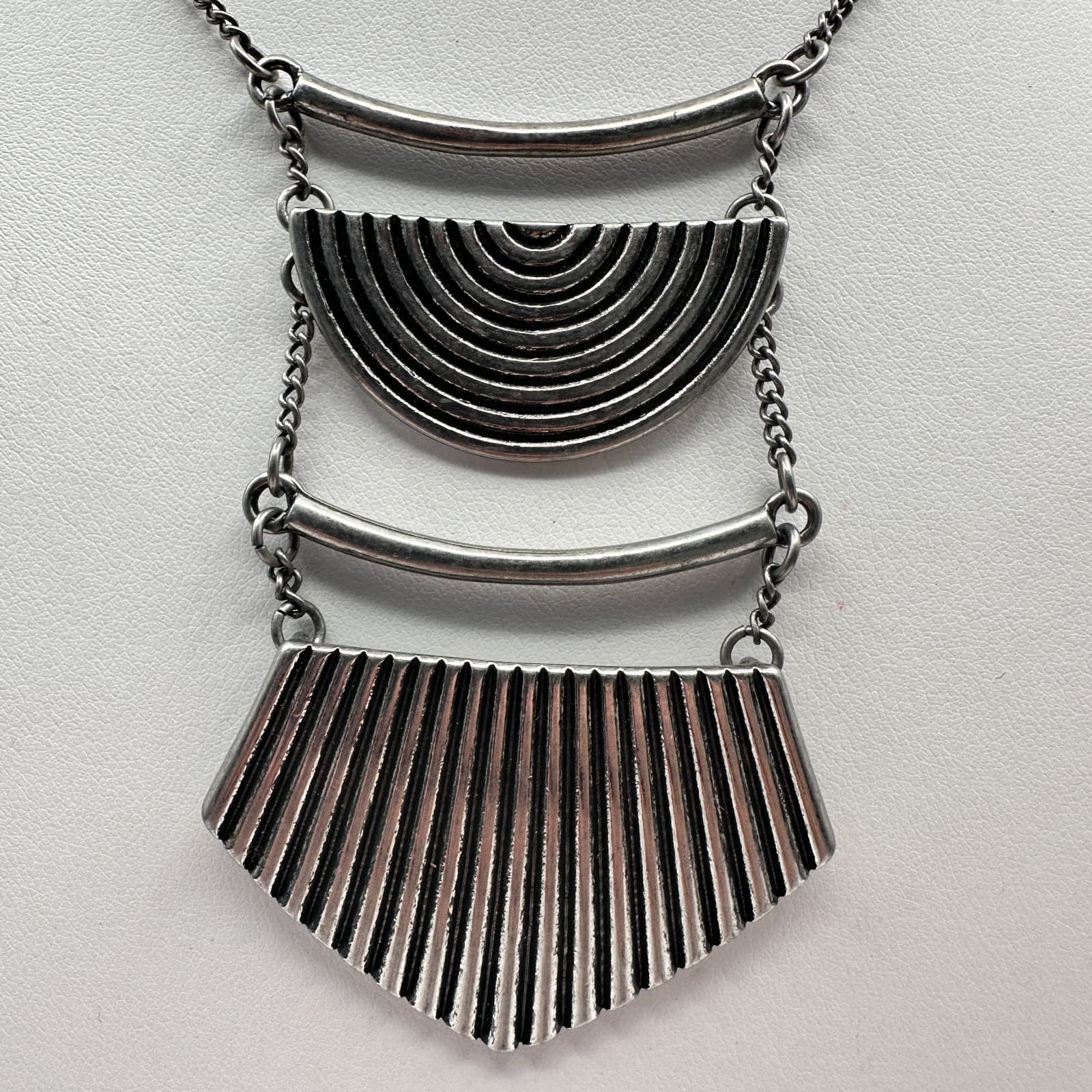 Vintage 90s Silver Tone Geometric Statement Necklace Tiered Bib Boho Jewelry - Thumbnail 4