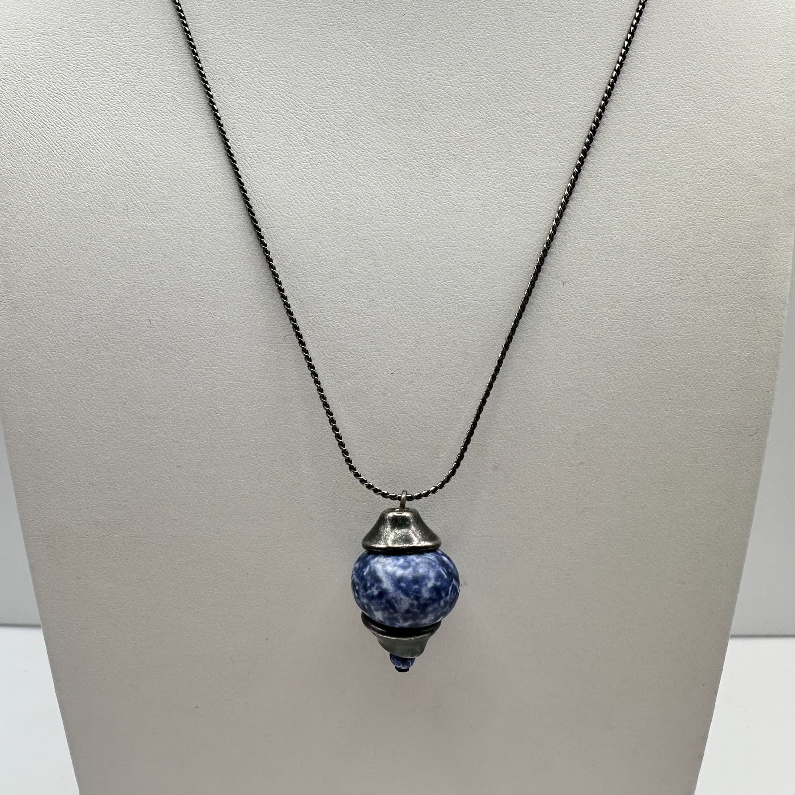 Vintage 90s Blue Sodalite Natural Stone Pendant Necklace Silver Tone Jewelry - Thumbnail 7