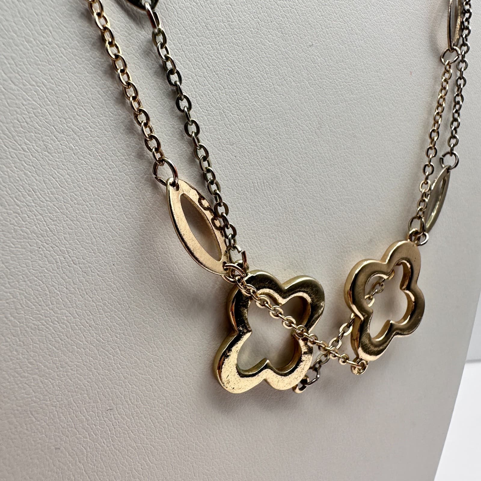 Vintage Y2K Multi Strand Necklace Gold Tone Quatrefoil Oval Link Chain Jewelry - Thumbnail 5