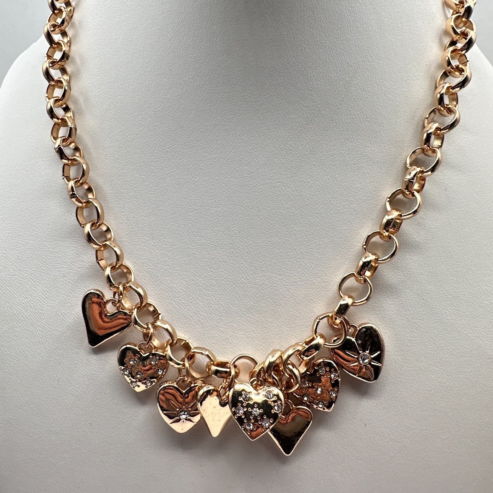 Vintage Y2K Gold Tone Multi Heart Charm Rhinestone Necklace Chunky Chain Jewelry - Thumbnail 6