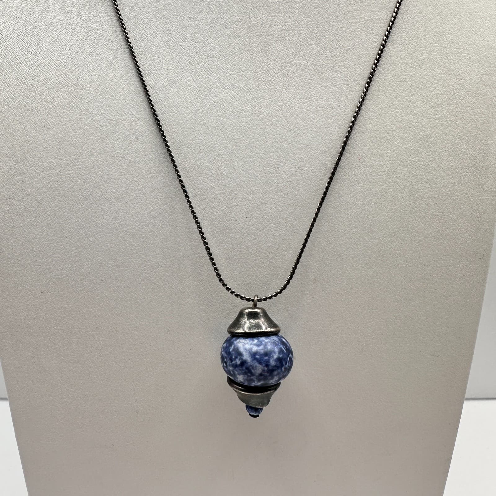Vintage 90s Blue Sodalite Natural Stone Pendant Necklace Silver Tone Jewelry - Thumbnail 2