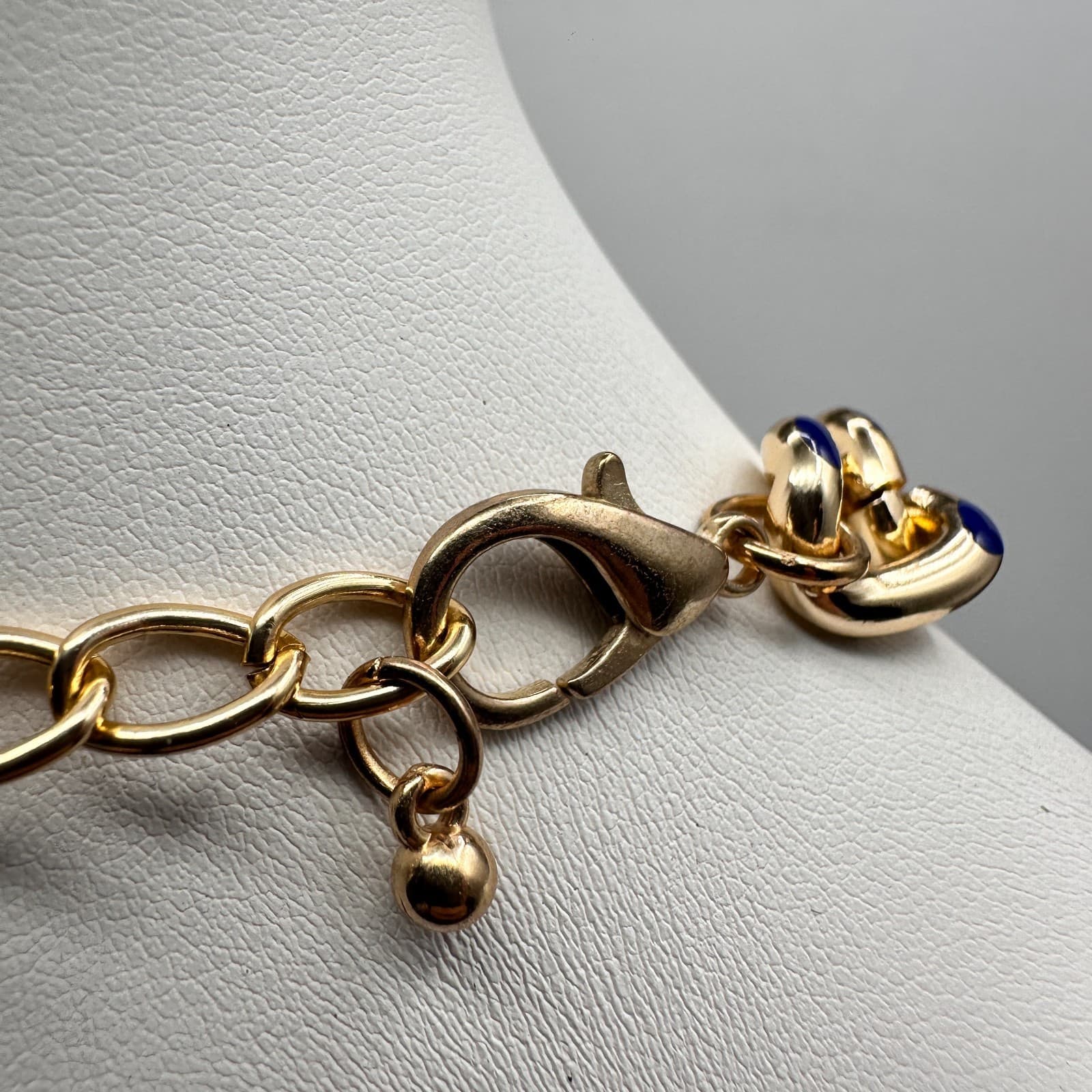 Vintage 80s Curb Chain Necklace Gold Tone Blue Enamel Statement Women's Jewelry - Thumbnail 6