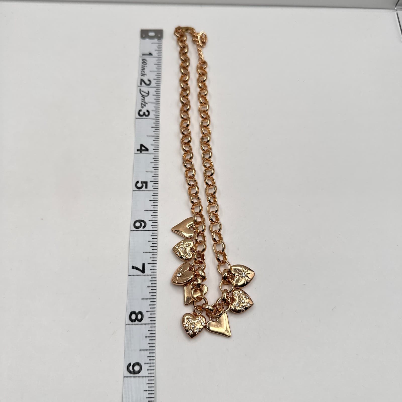 Vintage Y2K Gold Tone Multi Heart Charm Rhinestone Necklace Chunky Chain Jewelry - Thumbnail 9
