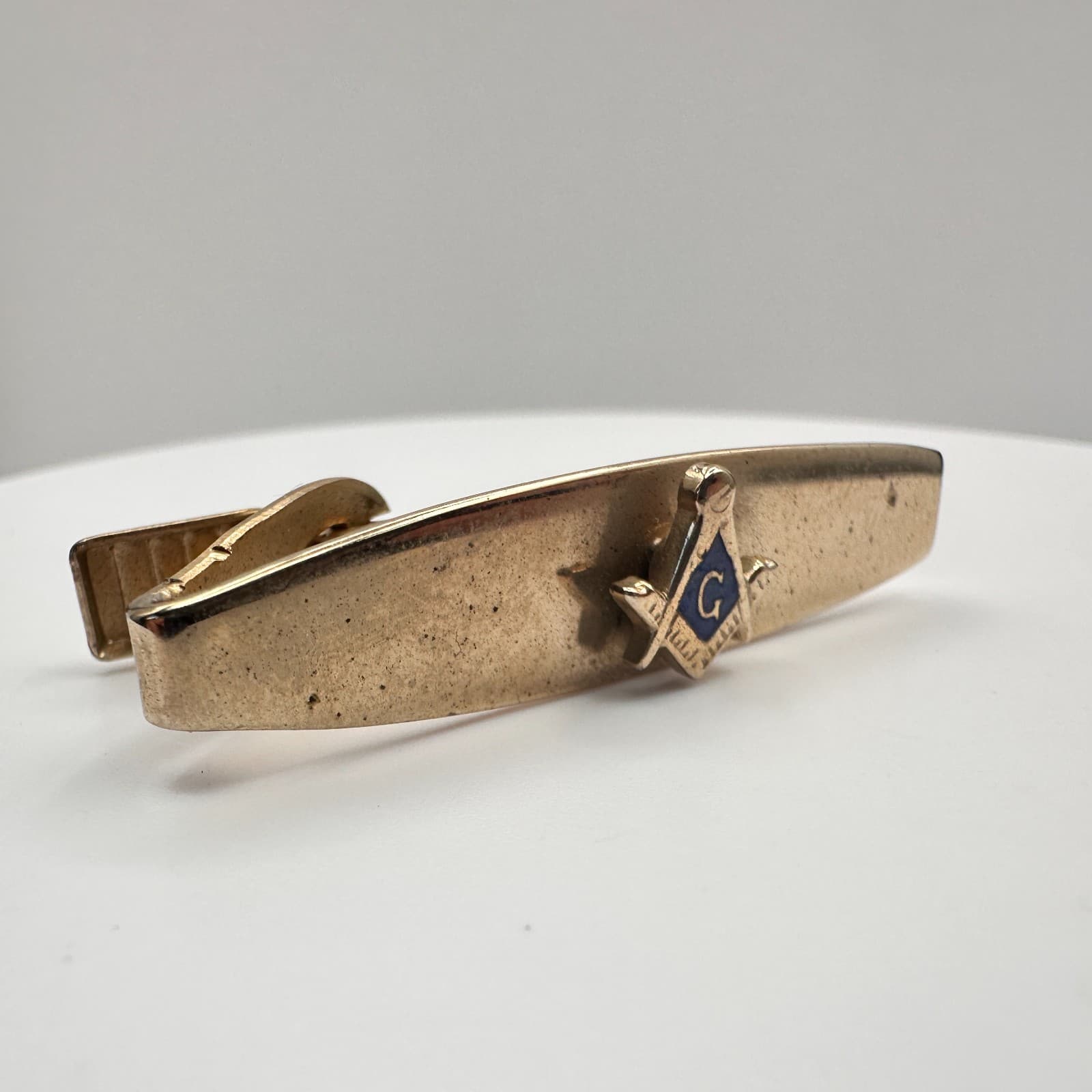 Vintage 90s Masonic Cufflinks & Tie Bar Set Gold Tone Blue Enamel Square Compass - Thumbnail 8