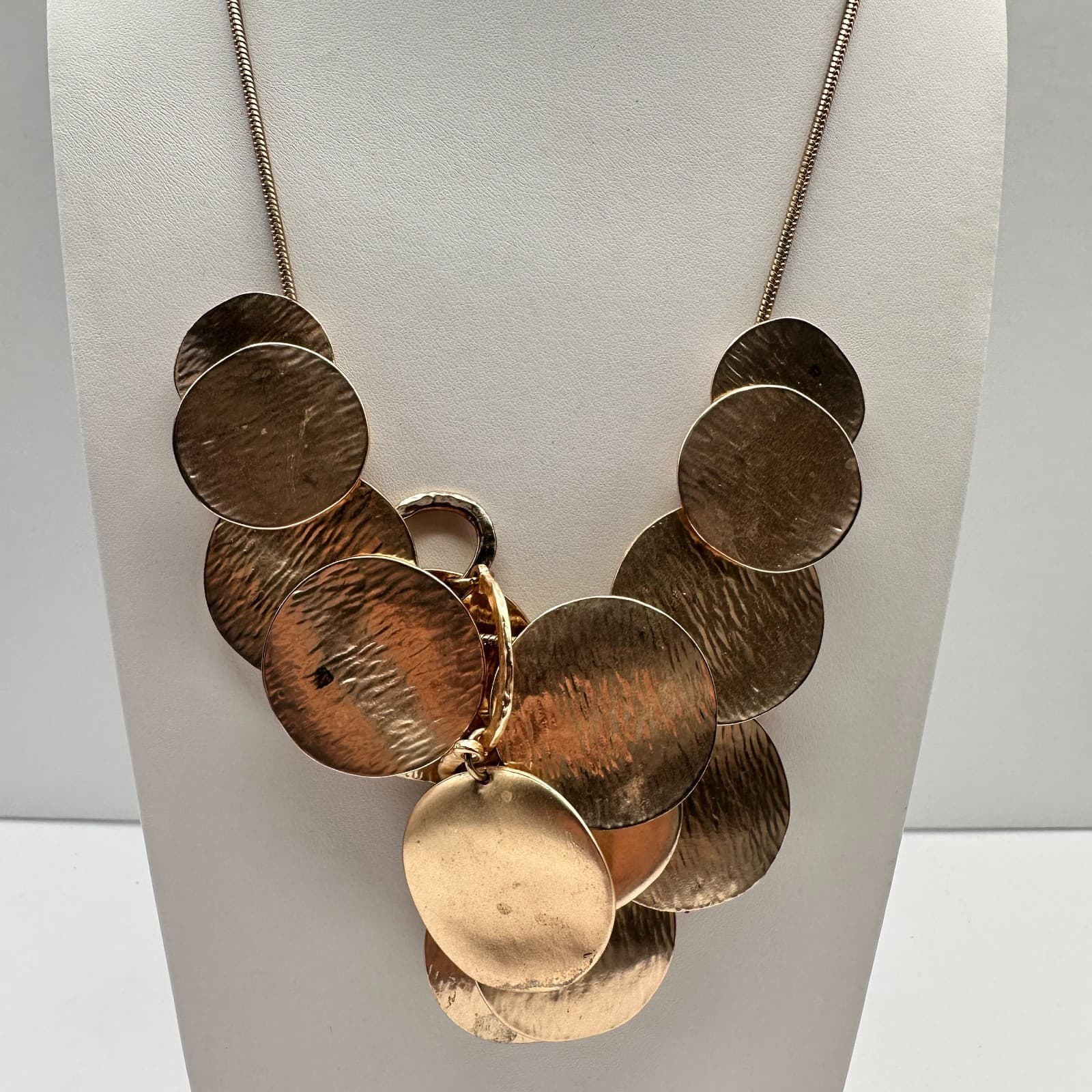 Vintage Y2K Gold Tone Hammered Disc Statement Bib Necklace Boho Women's Jewelry - Image 1