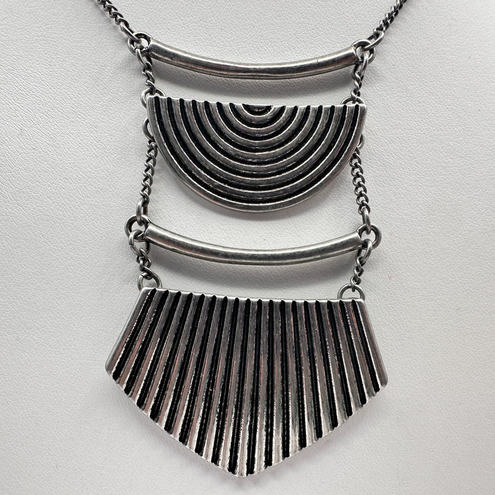 Vintage 90s Silver Tone Geometric Statement Necklace Tiered Bib Boho Jewelry - Thumbnail 3