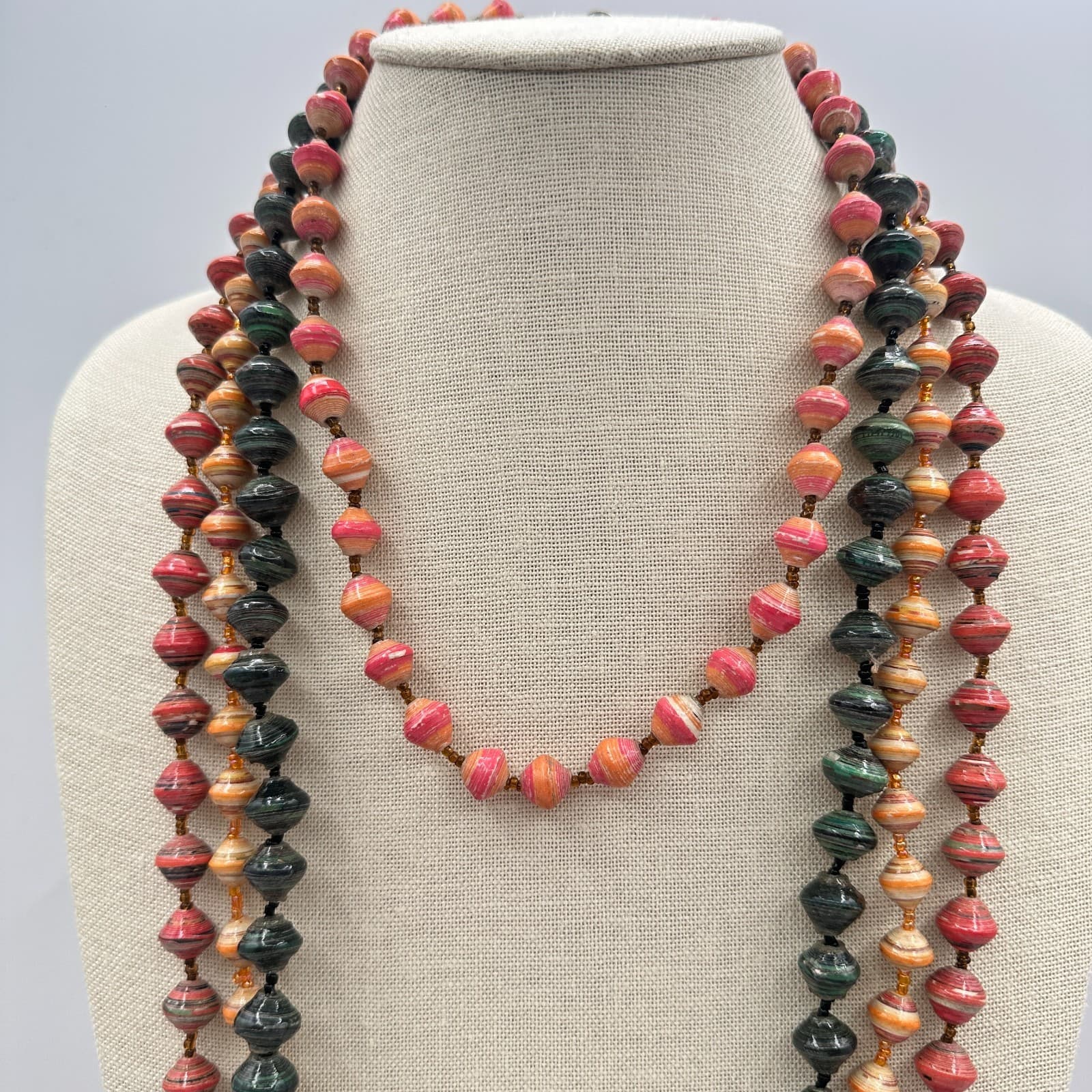 Vintage 90s Silver Tone Lot 4 Rolled Paper Beaded Necklace Women's Jewelry - Thumbnail 2