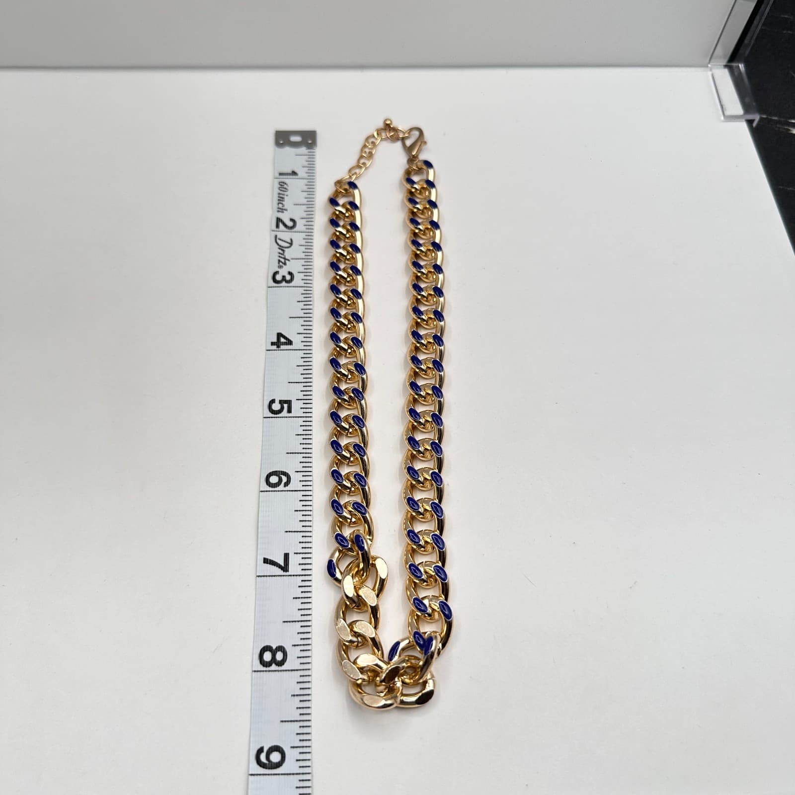 Vintage 80s Curb Chain Necklace Gold Tone Blue Enamel Statement Women's Jewelry - Thumbnail 7