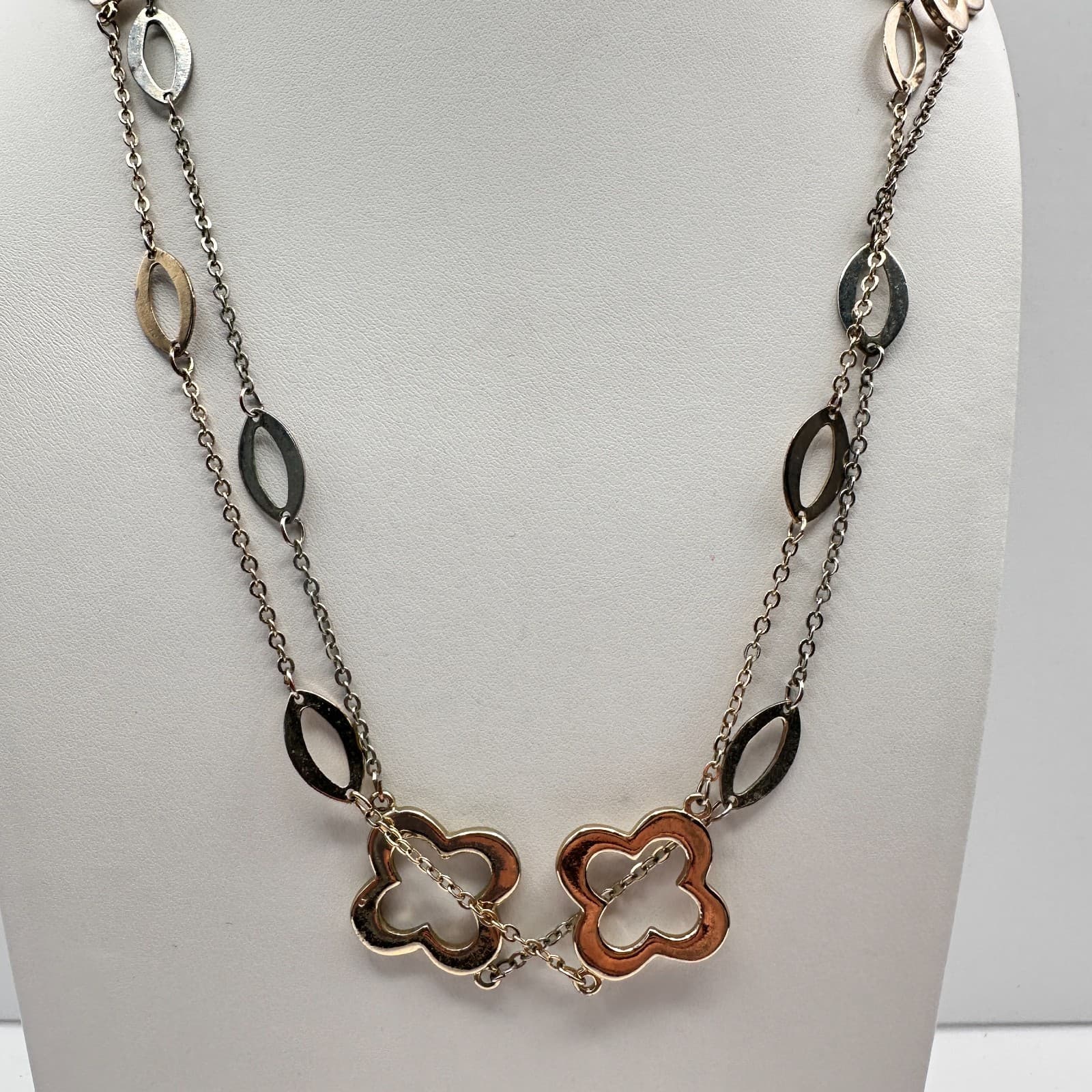 Vintage Y2K Multi Strand Necklace Gold Tone Quatrefoil Oval Link Chain Jewelry - Thumbnail 2