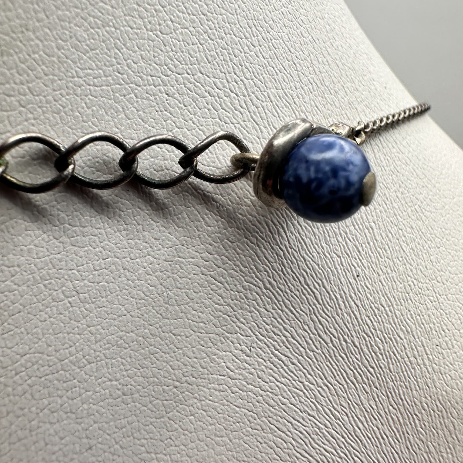 Vintage 90s Blue Sodalite Natural Stone Pendant Necklace Silver Tone Jewelry - Thumbnail 8