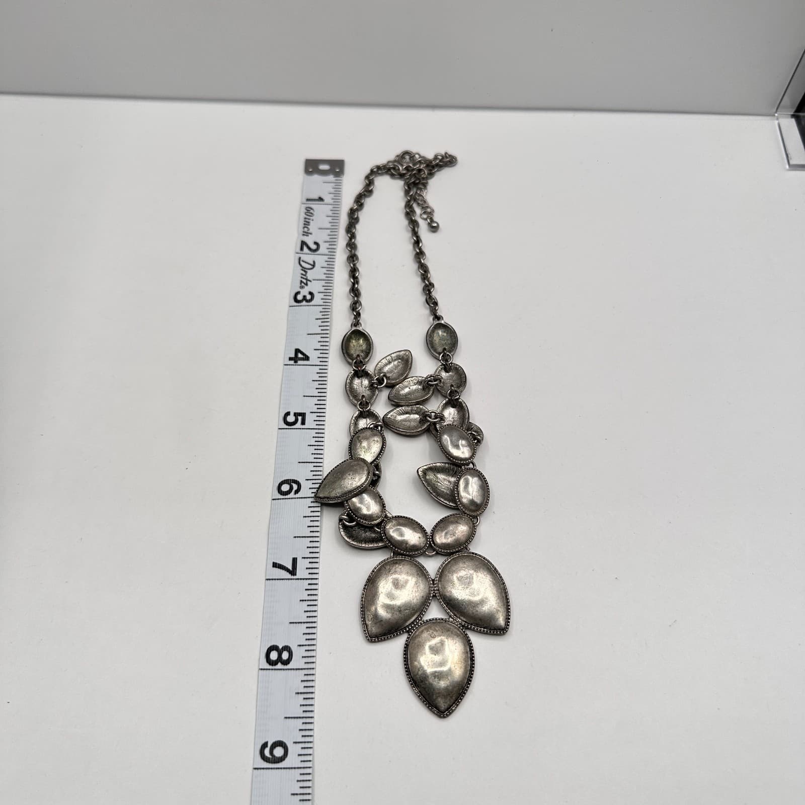 Vintage 90s Silver Tone Teardrop & Oval Disks Bib Statement Necklace Jewelry - Thumbnail 10