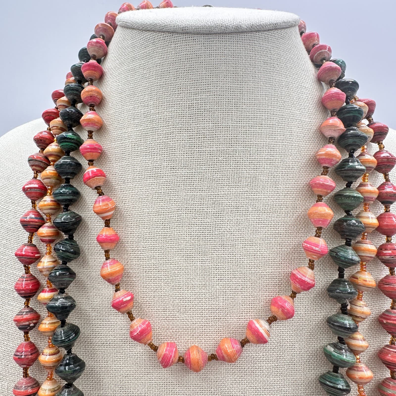 Vintage 90s Silver Tone Lot 4 Rolled Paper Beaded Necklace Women's Jewelry - Thumbnail 6