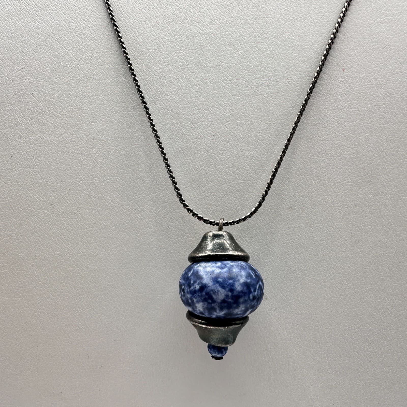 Vintage 90s Blue Sodalite Natural Stone Pendant Necklace Silver Tone Jewelry - Thumbnail 3