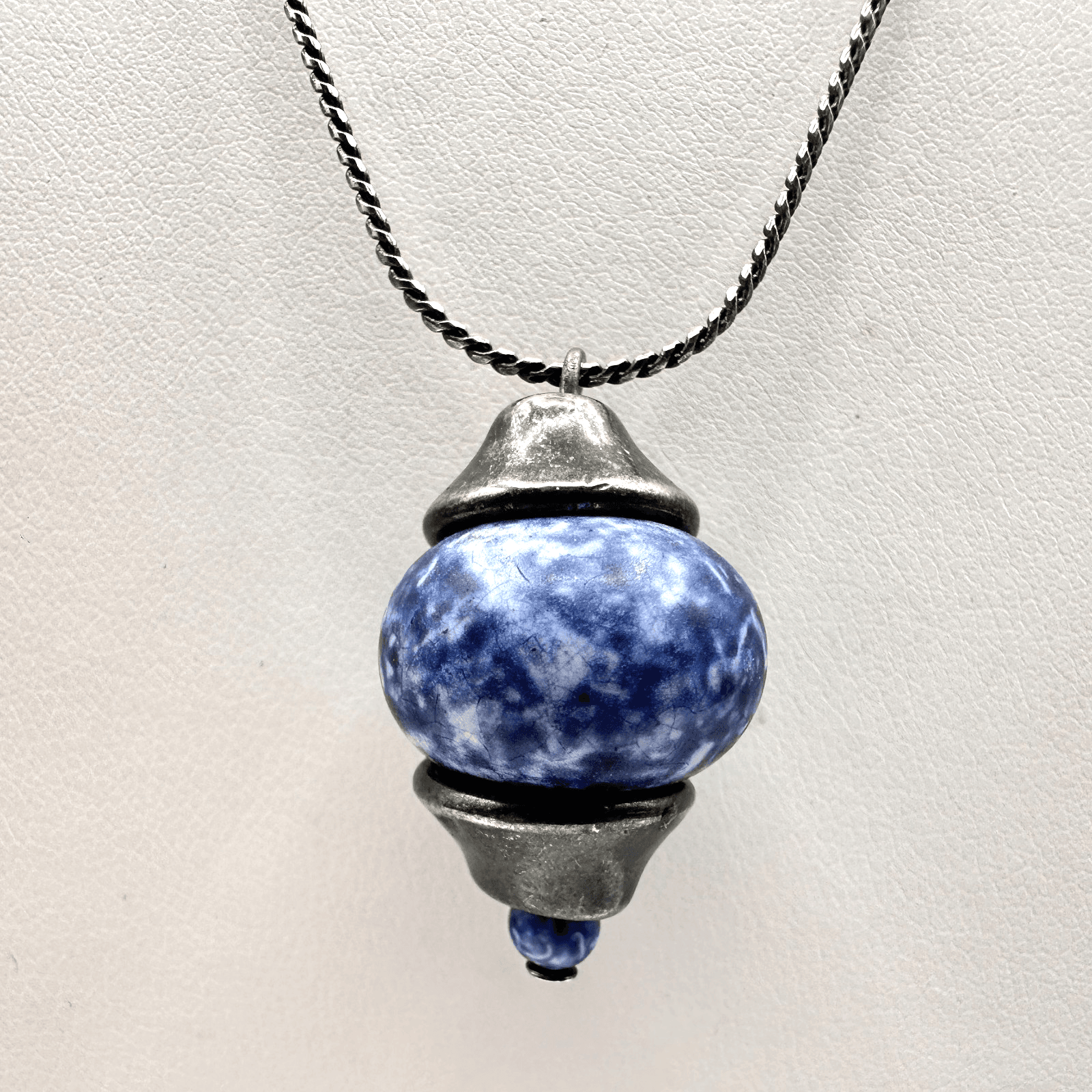Vintage 90s Blue Sodalite Natural Stone Pendant Necklace Silver Tone Jewelry - Image 1