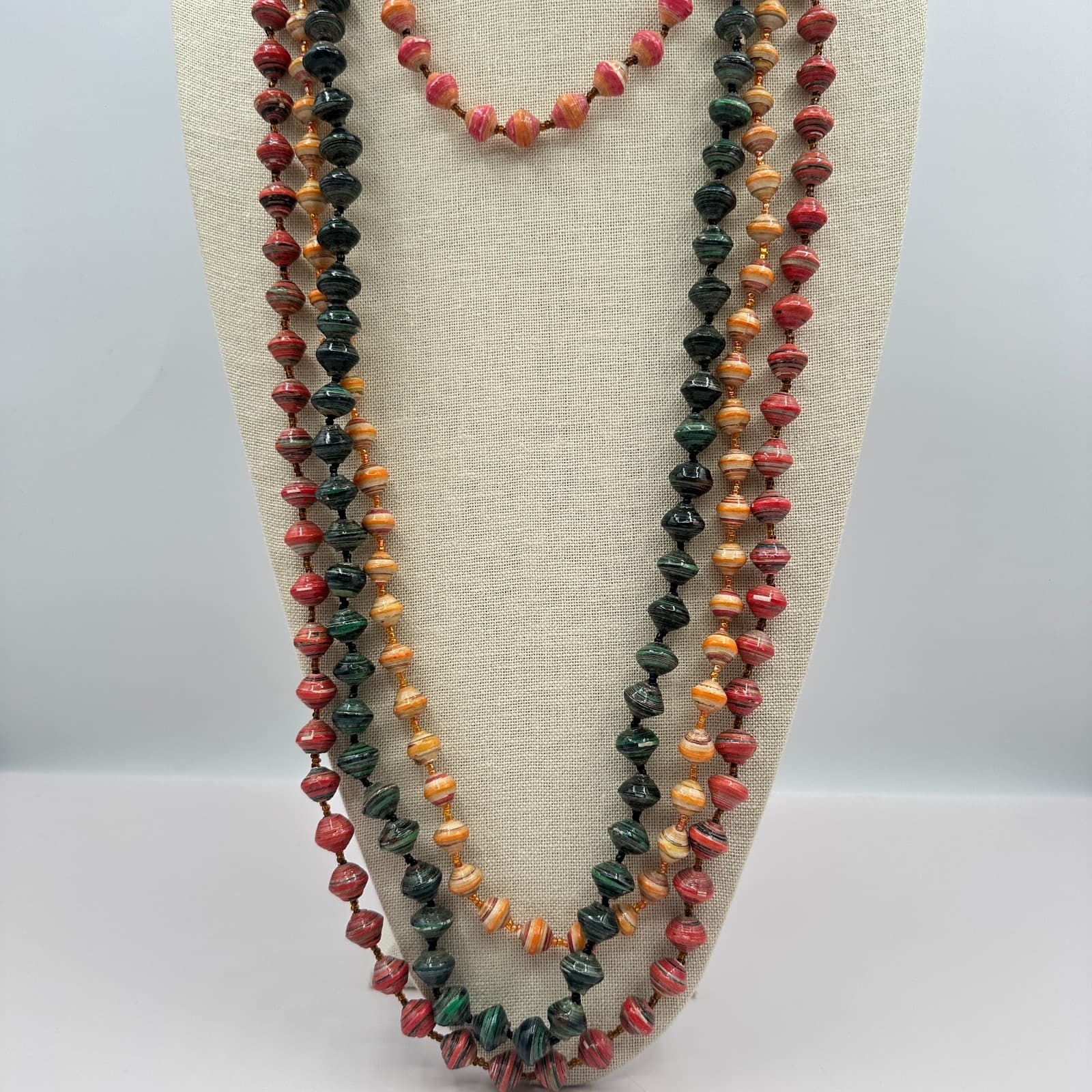 Vintage 90s Silver Tone Lot 4 Rolled Paper Beaded Necklace Women's Jewelry - Image 1