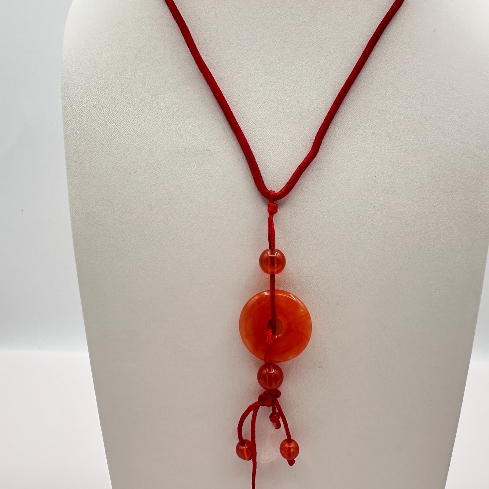 Vintage 80s Red Agate Stone Donut Necklace Adjustable Knot Cord Boohoo Jewelry - Thumbnail 5