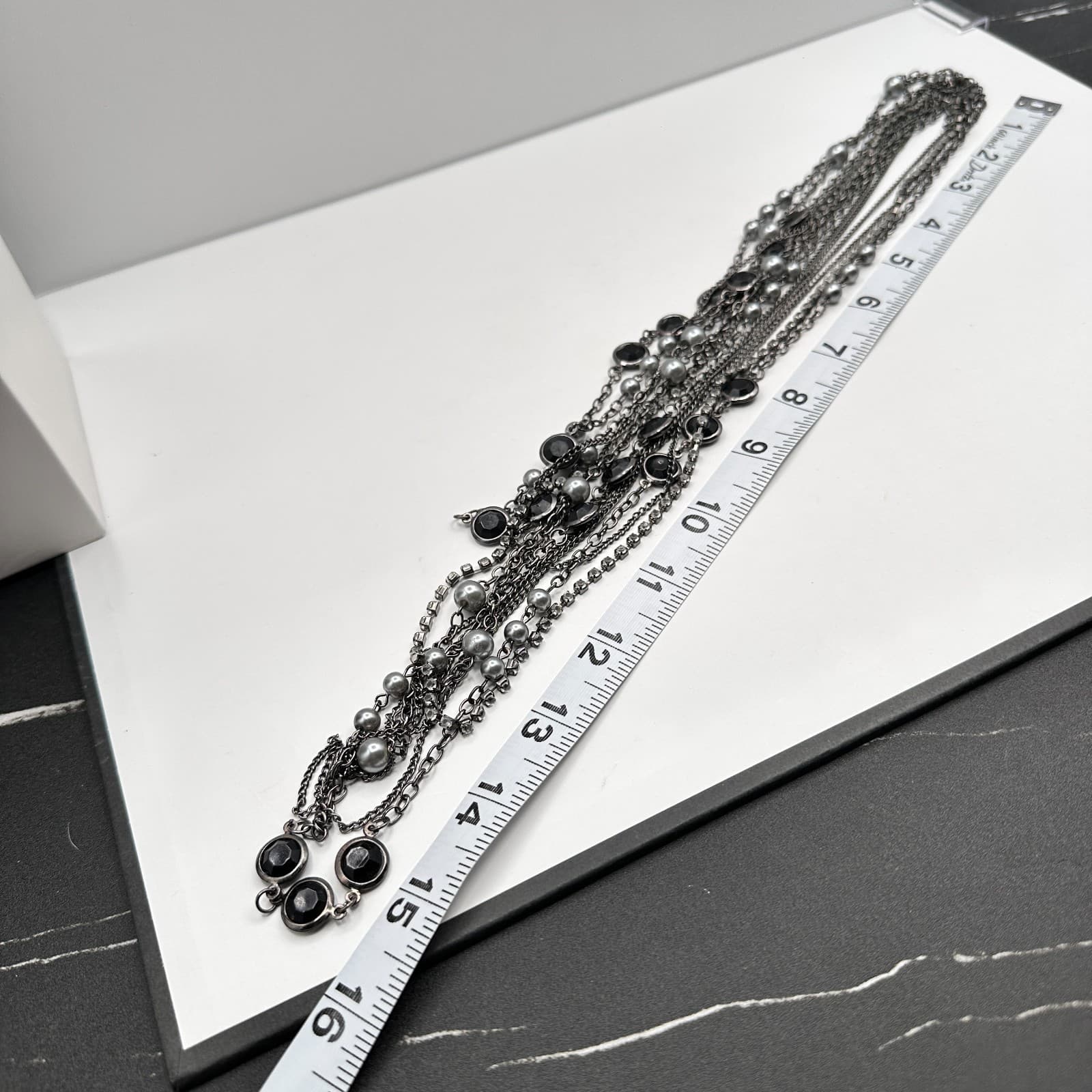 Vintage 90s Multi Strand Layered Necklace Faux Pearl Black Stone Gunmetal Tone - Thumbnail 9