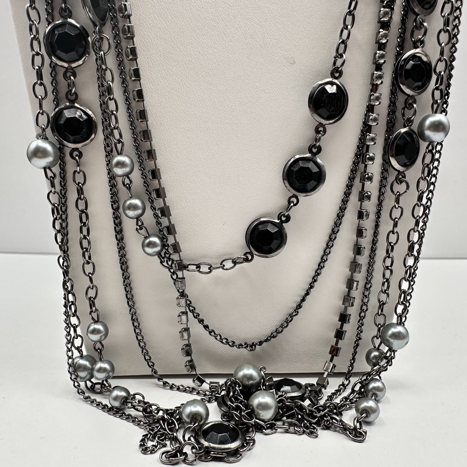 Vintage 90s Multi Strand Layered Necklace Faux Pearl Black Stone Gunmetal Tone - Thumbnail 4