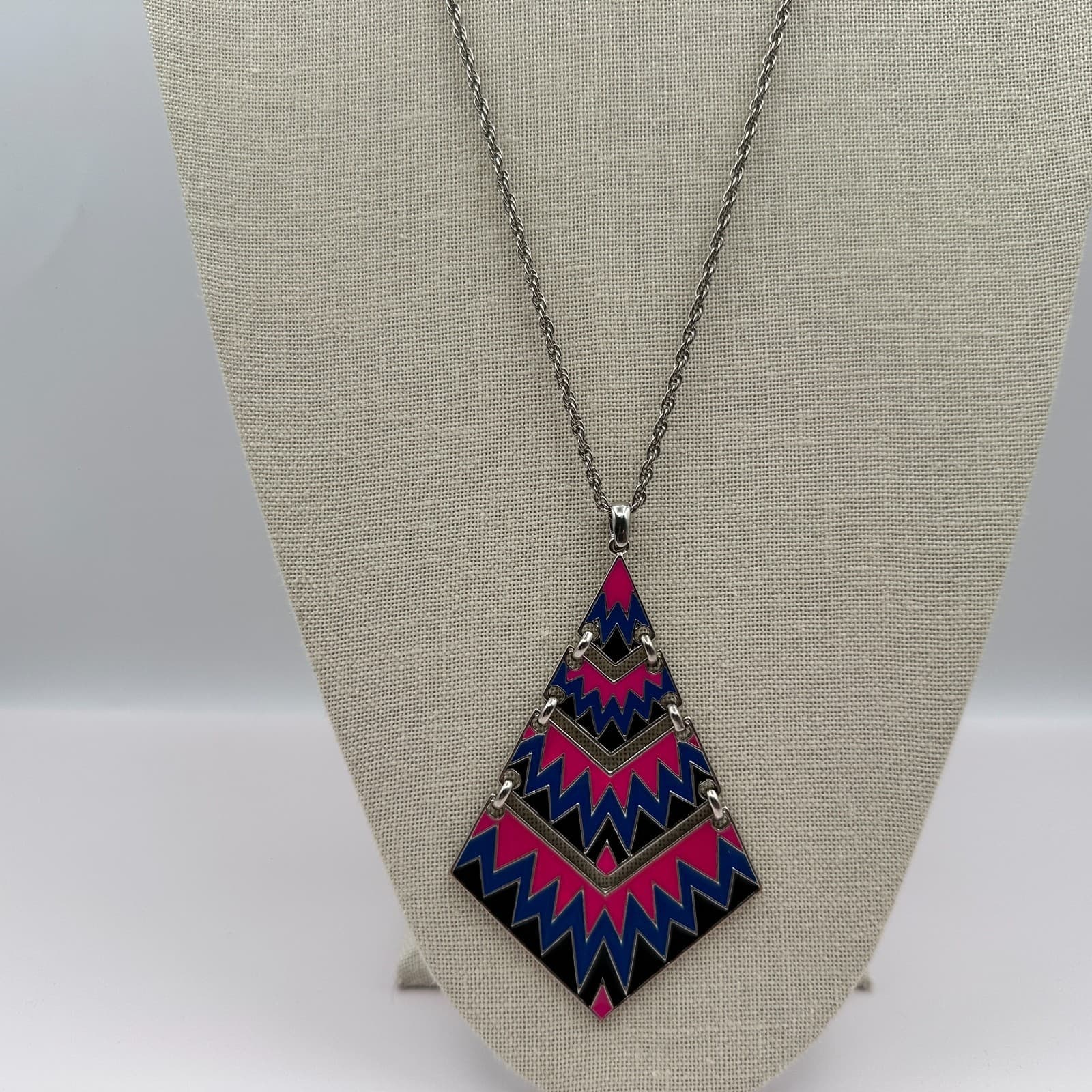 Vintage 80s Pop Art Geometric Statement Necklace Pink Blue Black Enamel Jewelry - Thumbnail 6