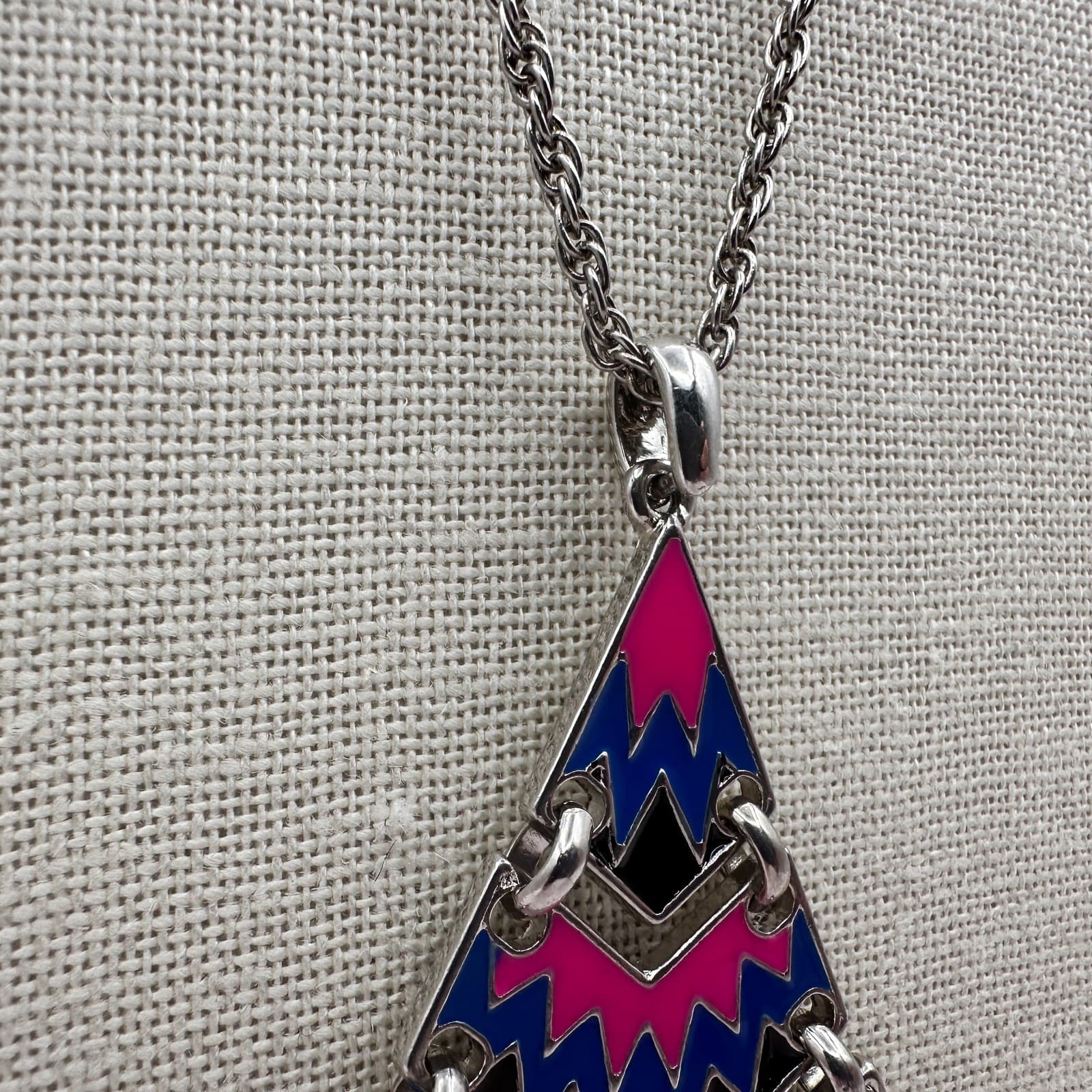 Vintage 80s Pop Art Geometric Statement Necklace Pink Blue Black Enamel Jewelry - Thumbnail 3