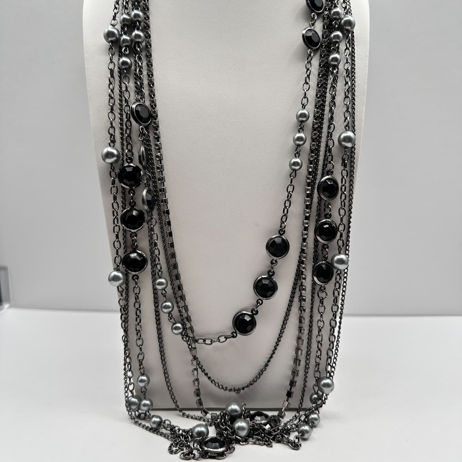 Vintage 90s Multi Strand Layered Necklace Faux Pearl Black Stone Gunmetal Tone - Image 1