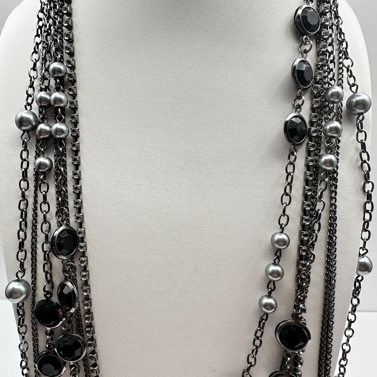 Vintage 90s Multi Strand Layered Necklace Faux Pearl Black Stone Gunmetal Tone - Thumbnail 8