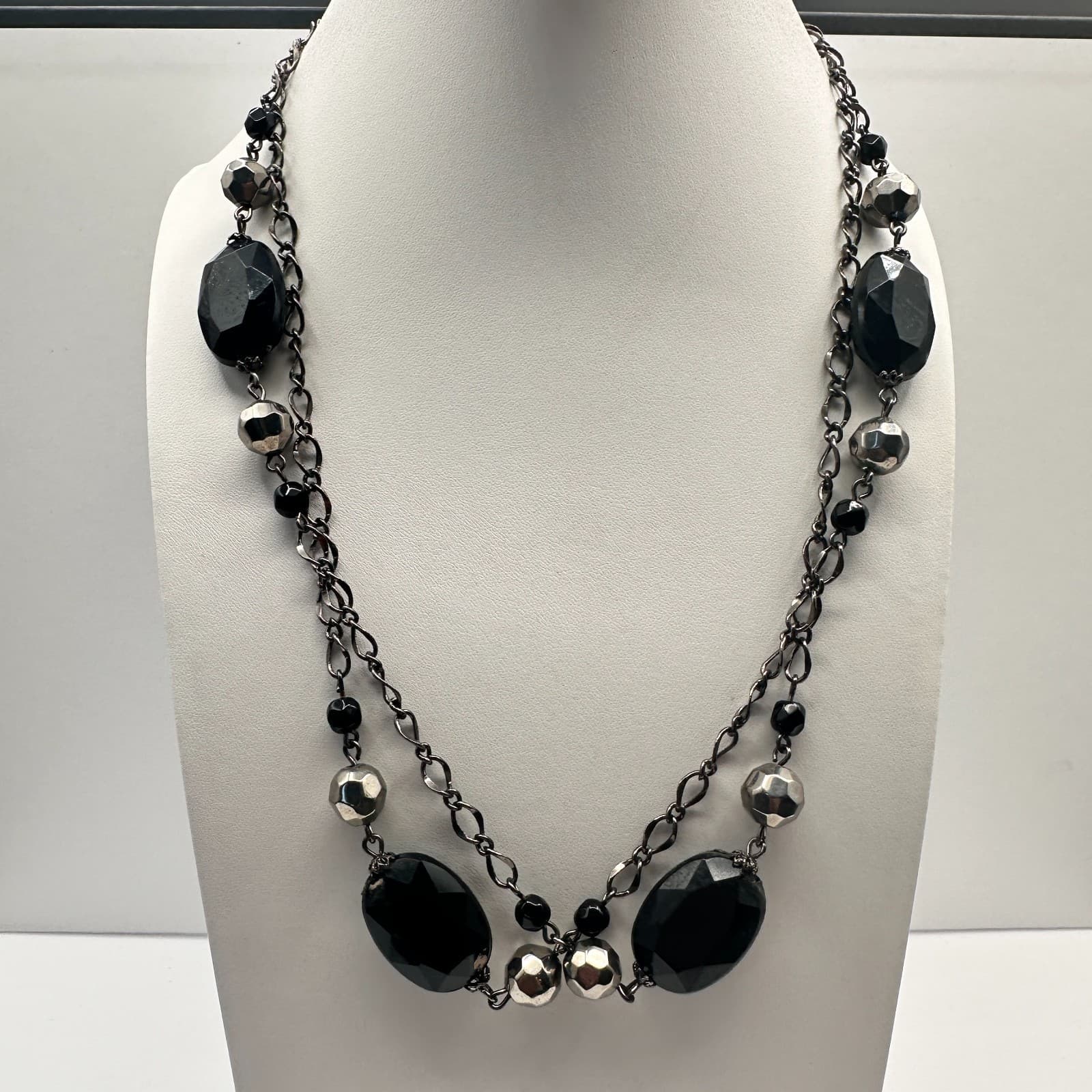 Vintage Y2K Multi Strand Necklace Black Faceted Beaded Silver Tone Boho Jewelry - Thumbnail 8