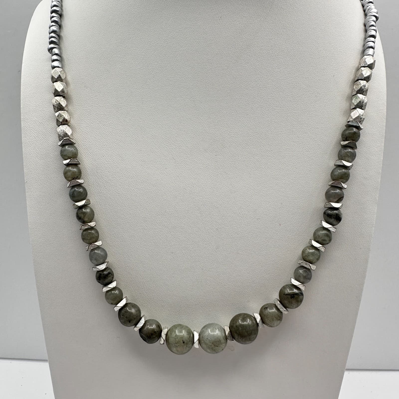 Vintage 90s Labradorite Stone Beaded Necklace Silver Tone Boho Statement Jewelry - Thumbnail 7