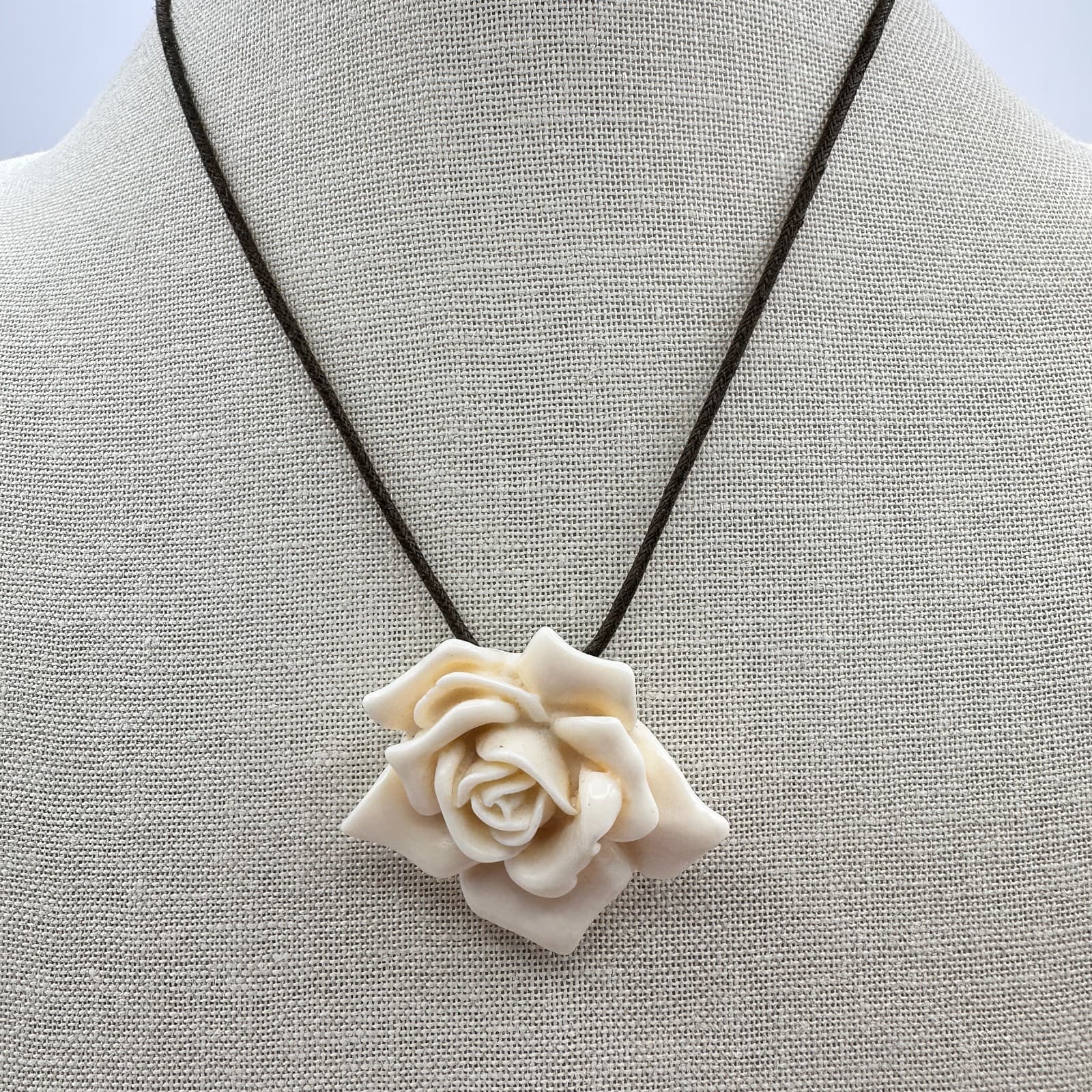 Vintage 80s Carved Rose Pendant Necklace Brown Cord & Cable Statement Jewelry - Image 1