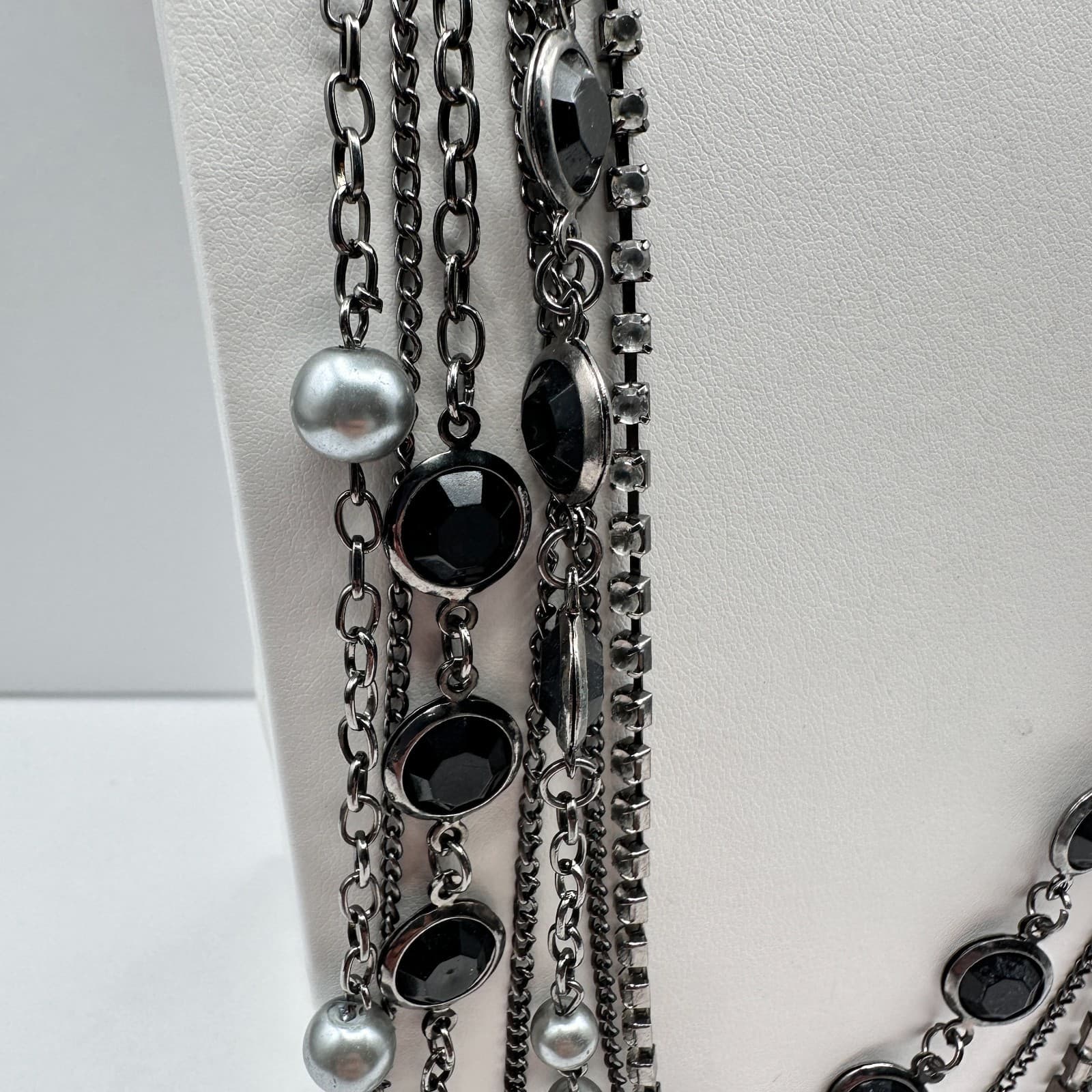 Vintage 90s Multi Strand Layered Necklace Faux Pearl Black Stone Gunmetal Tone - Thumbnail 5