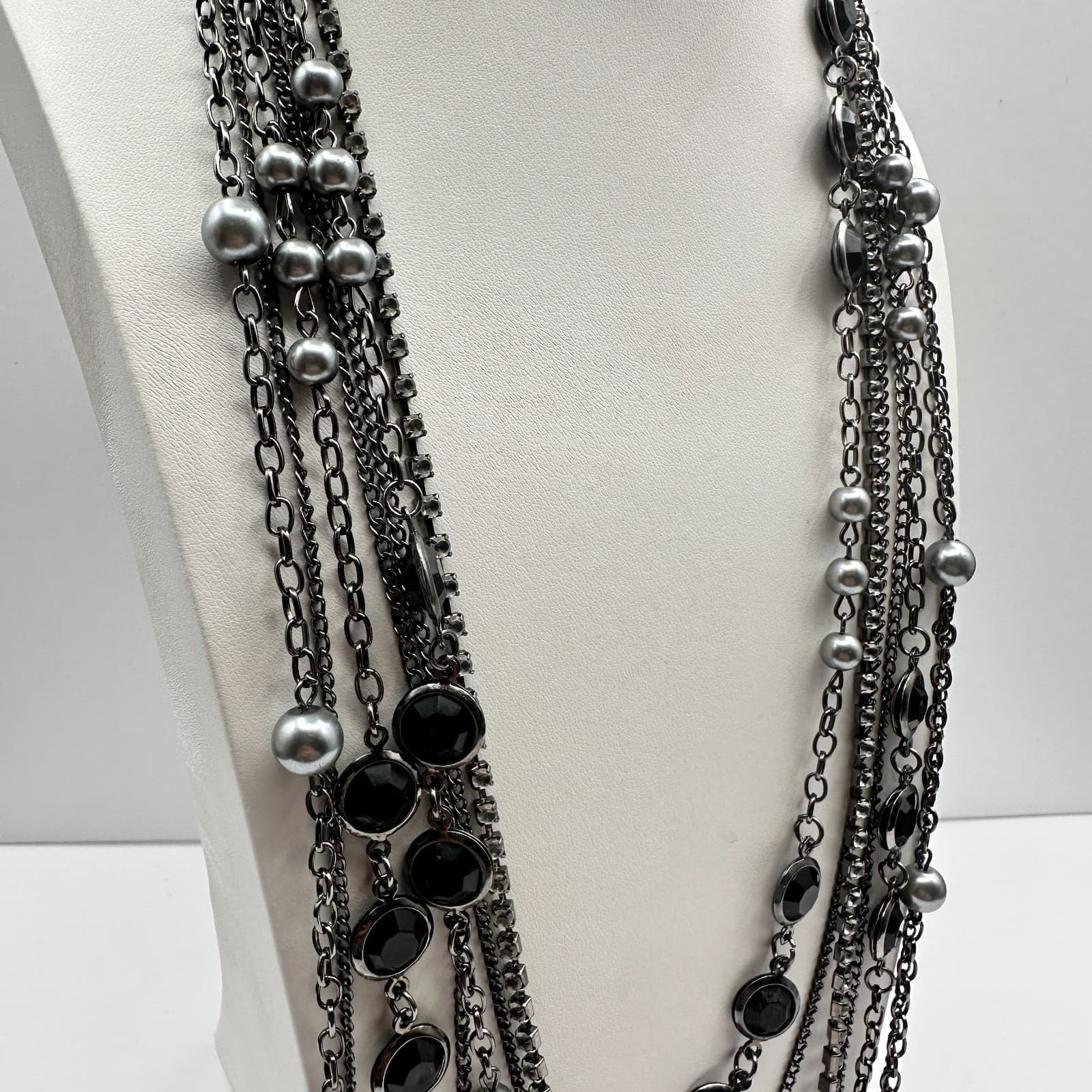 Vintage 90s Multi Strand Layered Necklace Faux Pearl Black Stone Gunmetal Tone - Thumbnail 6