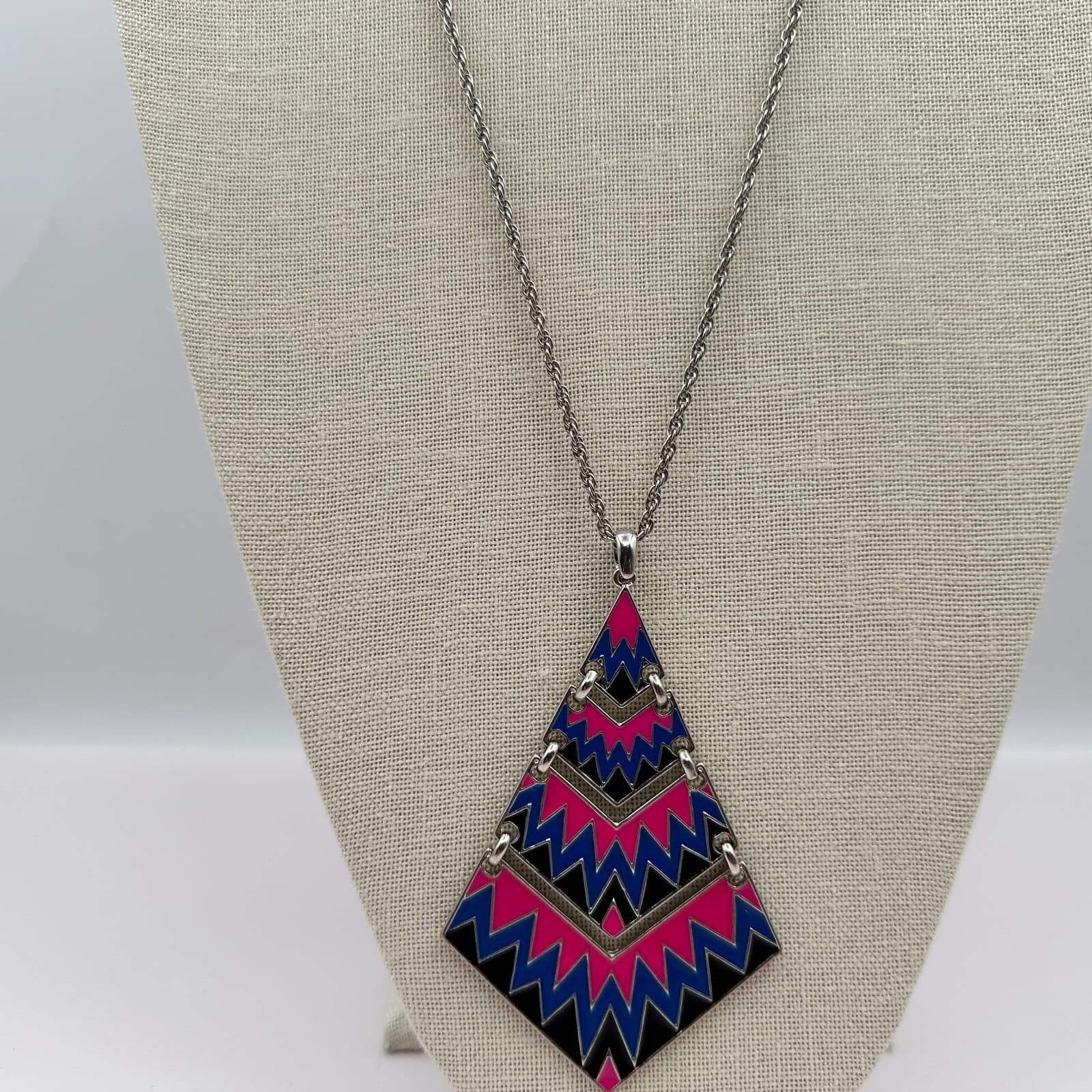 Vintage 80s Pop Art Geometric Statement Necklace Pink Blue Black Enamel Jewelry - Thumbnail 5
