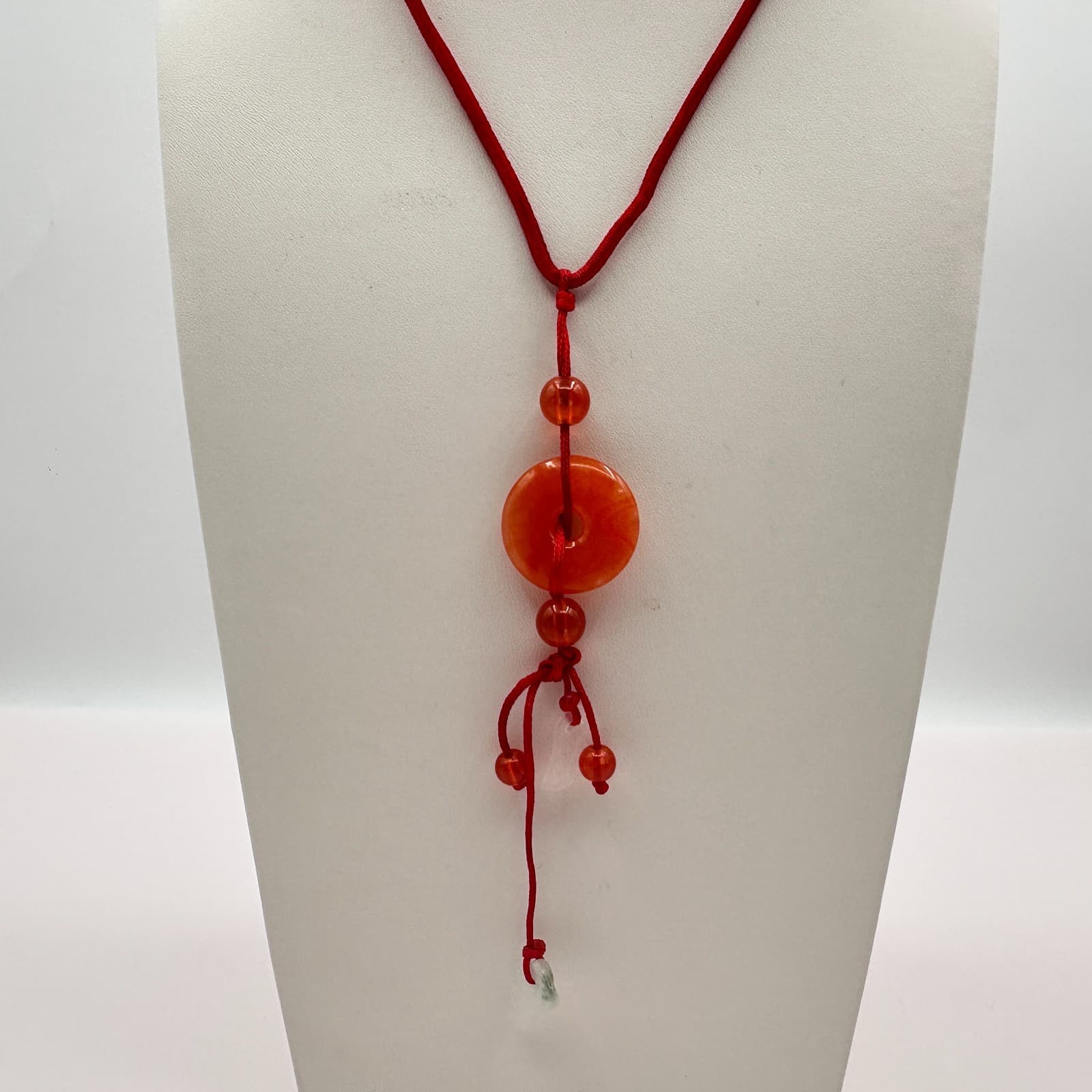 Vintage 80s Red Agate Stone Donut Necklace Adjustable Knot Cord Boohoo Jewelry - Image 1
