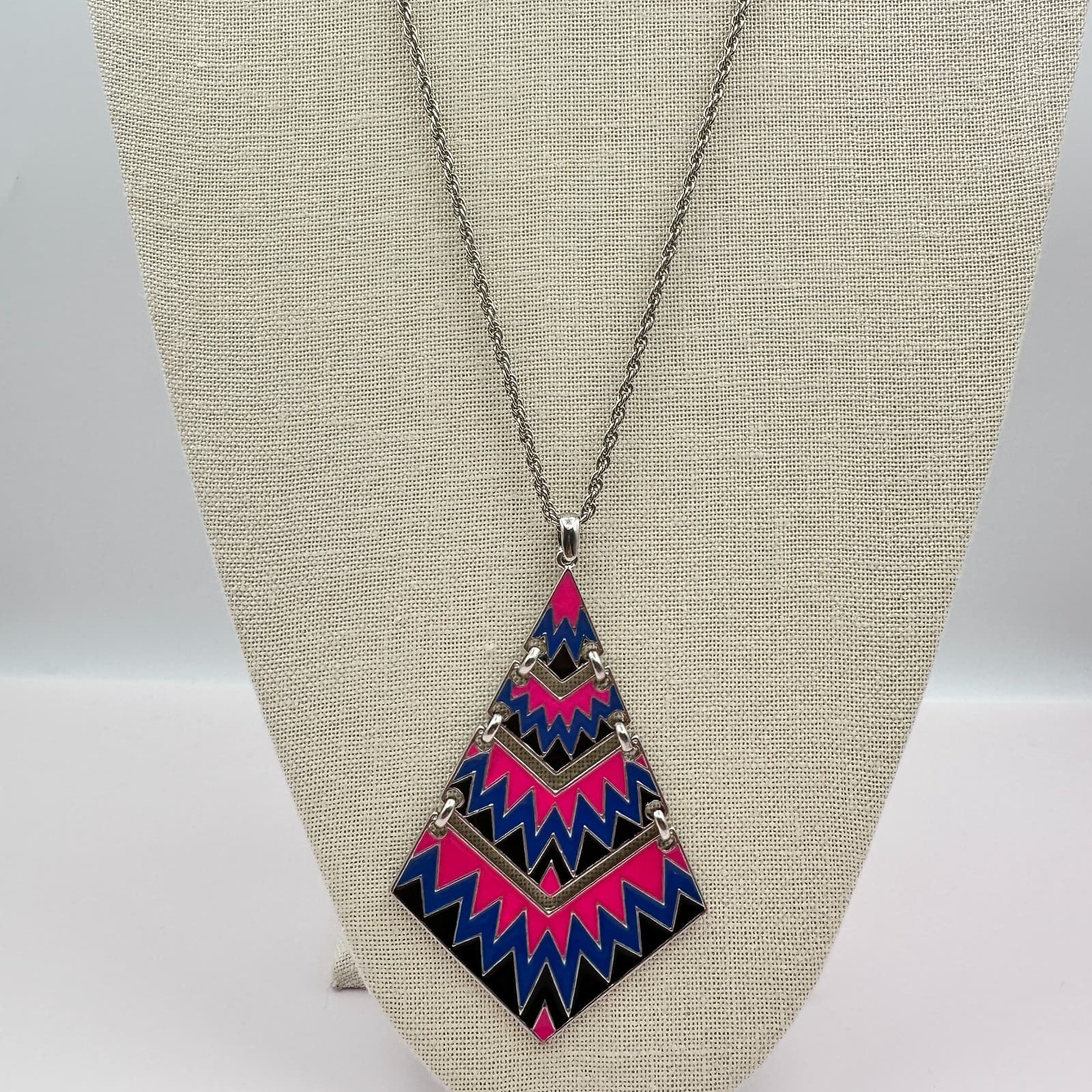 Vintage 80s Pop Art Geometric Statement Necklace Pink Blue Black Enamel Jewelry - Image 1