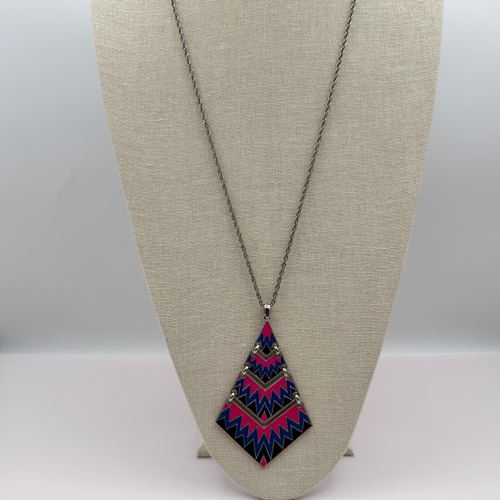 Vintage 80s Pop Art Geometric Statement Necklace Pink Blue Black Enamel Jewelry - Thumbnail 7