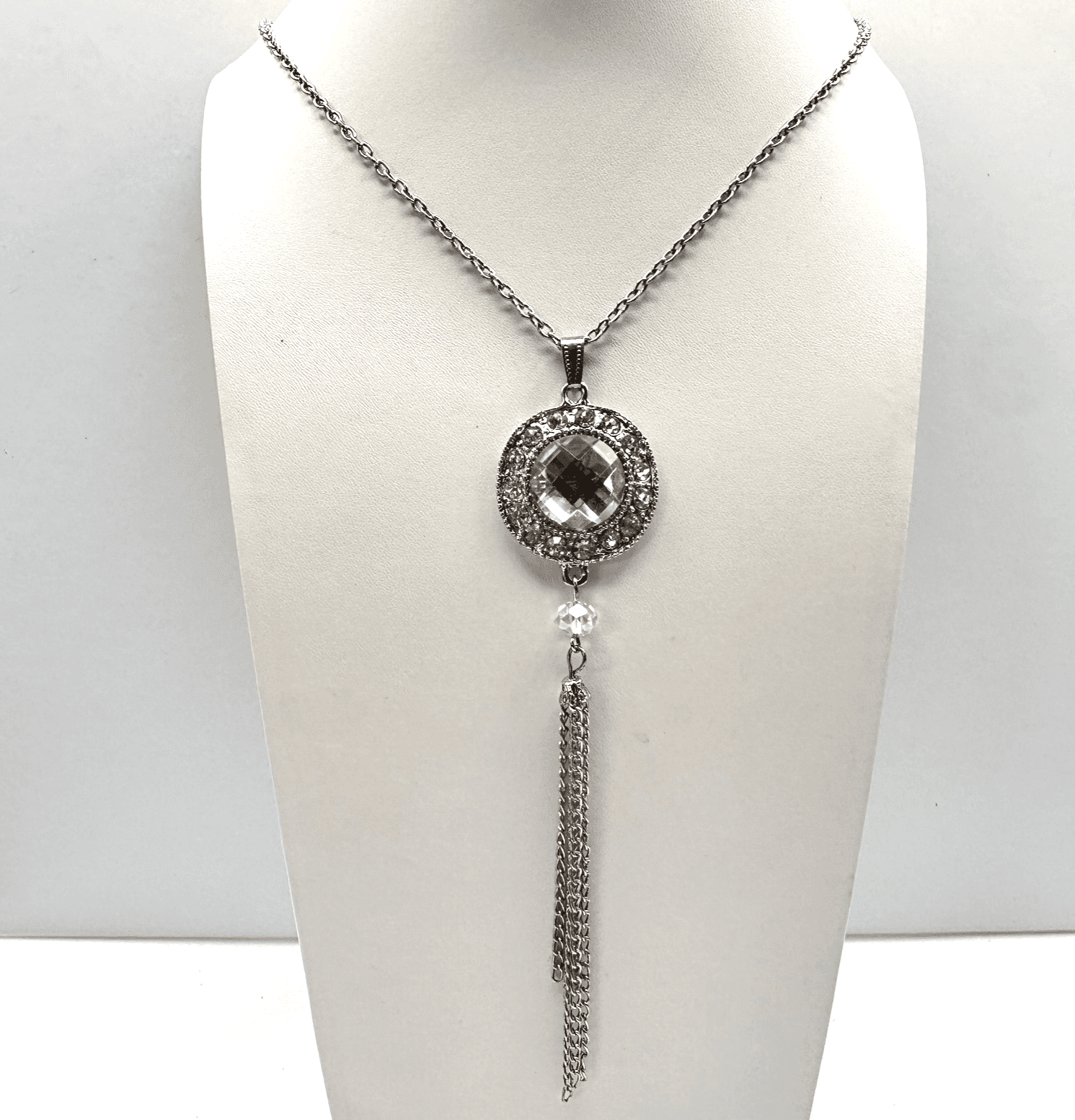 Vintage 90s Tassel Drope Clear Crystal Pendant Necklace Silver Tone Jewelry - Image 1