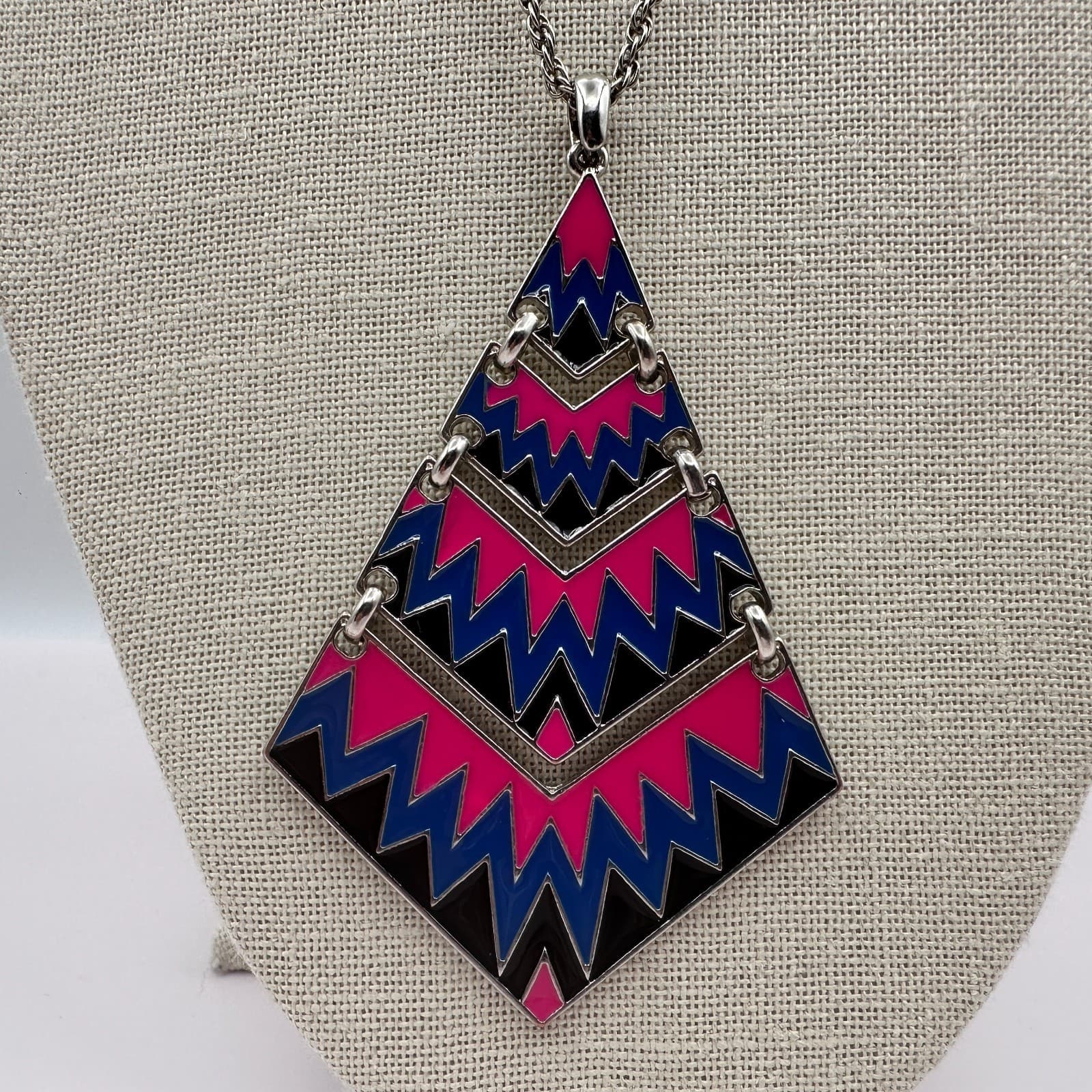 Vintage 80s Pop Art Geometric Statement Necklace Pink Blue Black Enamel Jewelry - Thumbnail 2