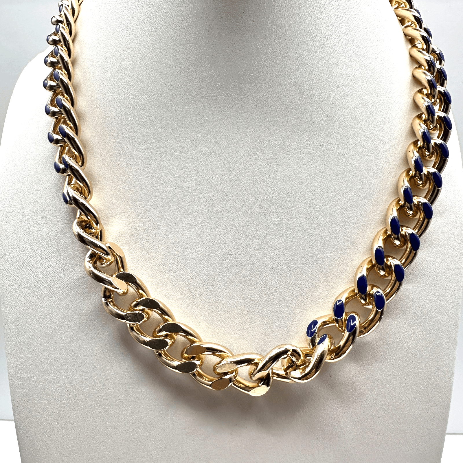Vintage 80s Curb Chain Necklace Gold Tone Blue Enamel Statement Women's Jewelry - Image 1