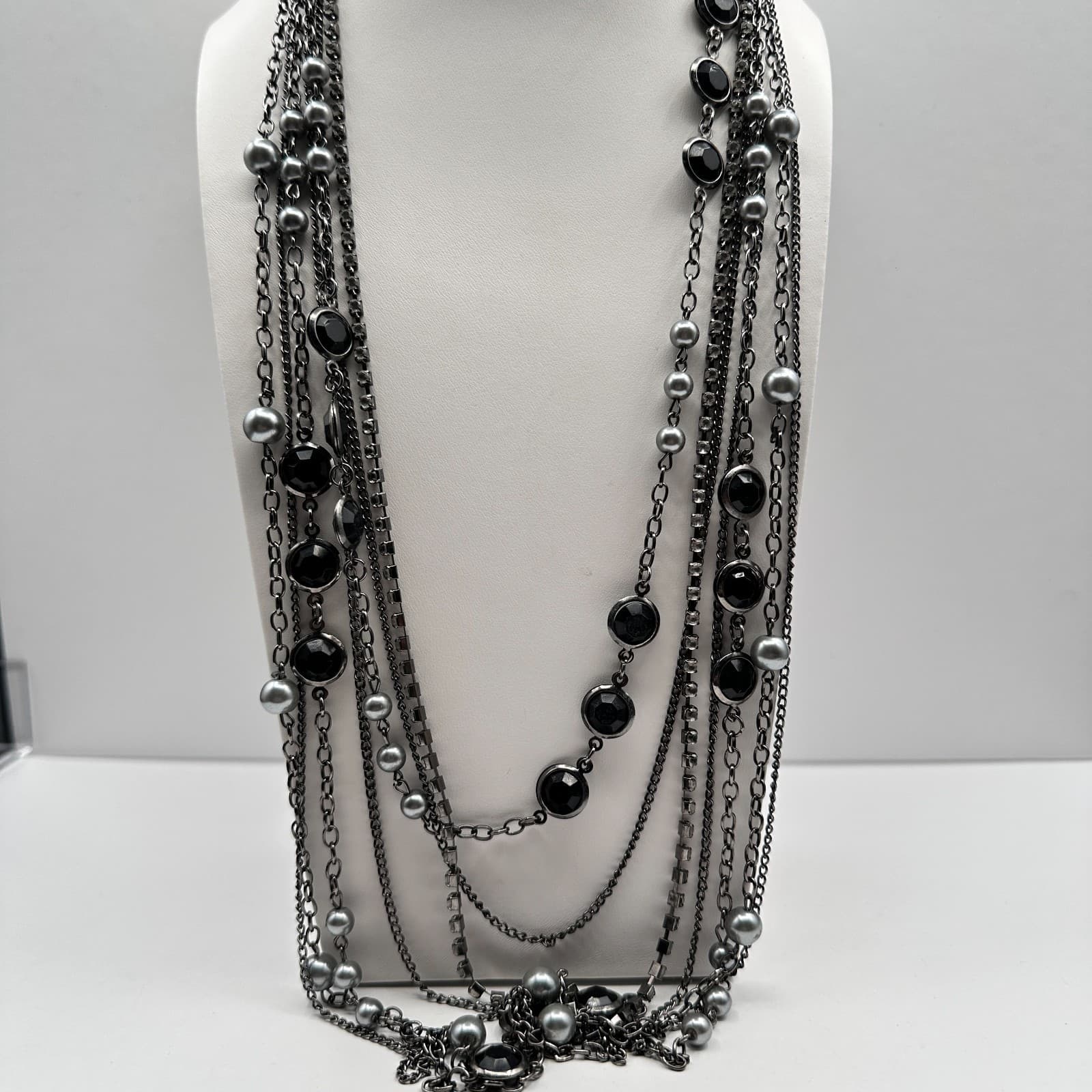 Vintage 90s Multi Strand Layered Necklace Faux Pearl Black Stone Gunmetal Tone - Thumbnail 3