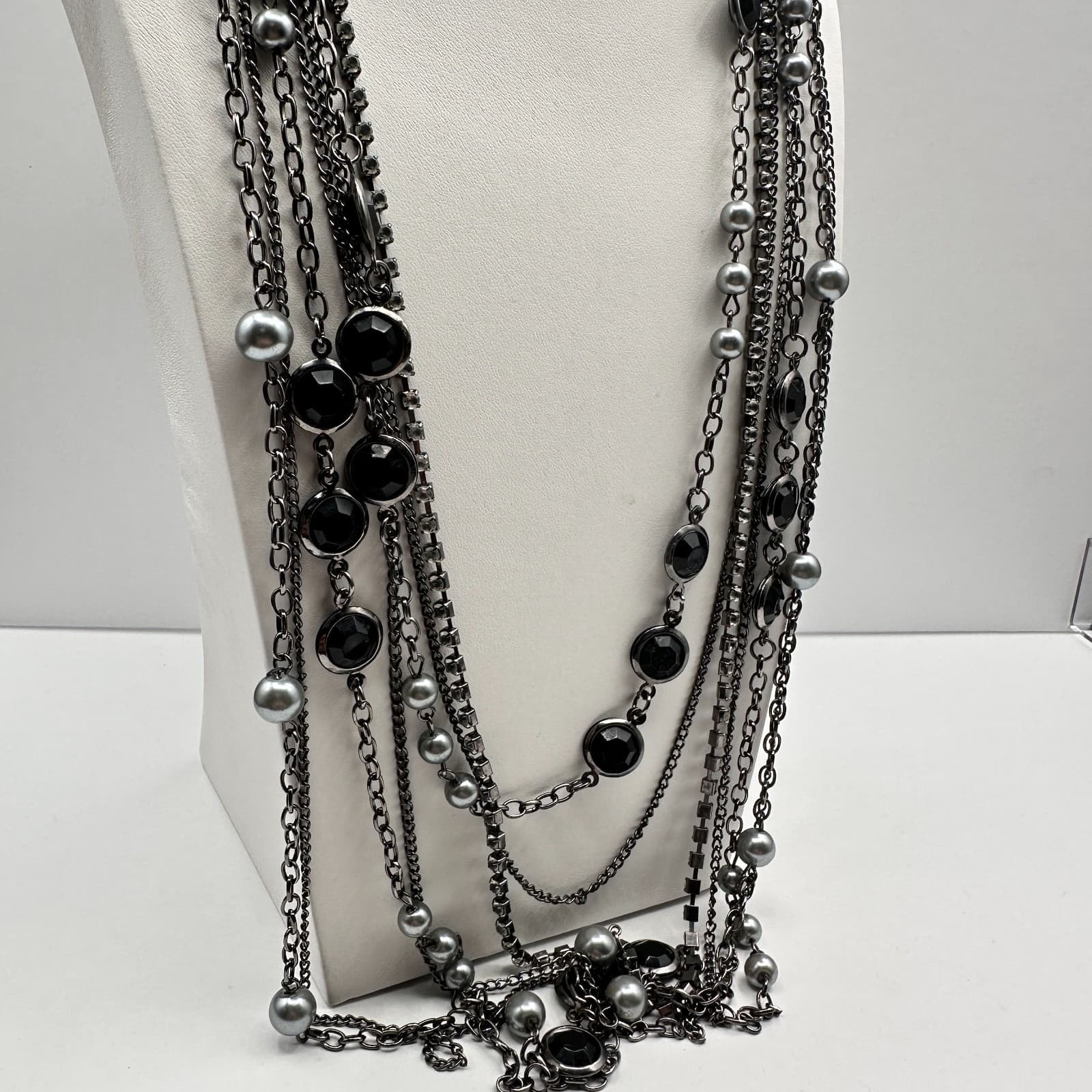 Vintage 90s Multi Strand Layered Necklace Faux Pearl Black Stone Gunmetal Tone - Thumbnail 7