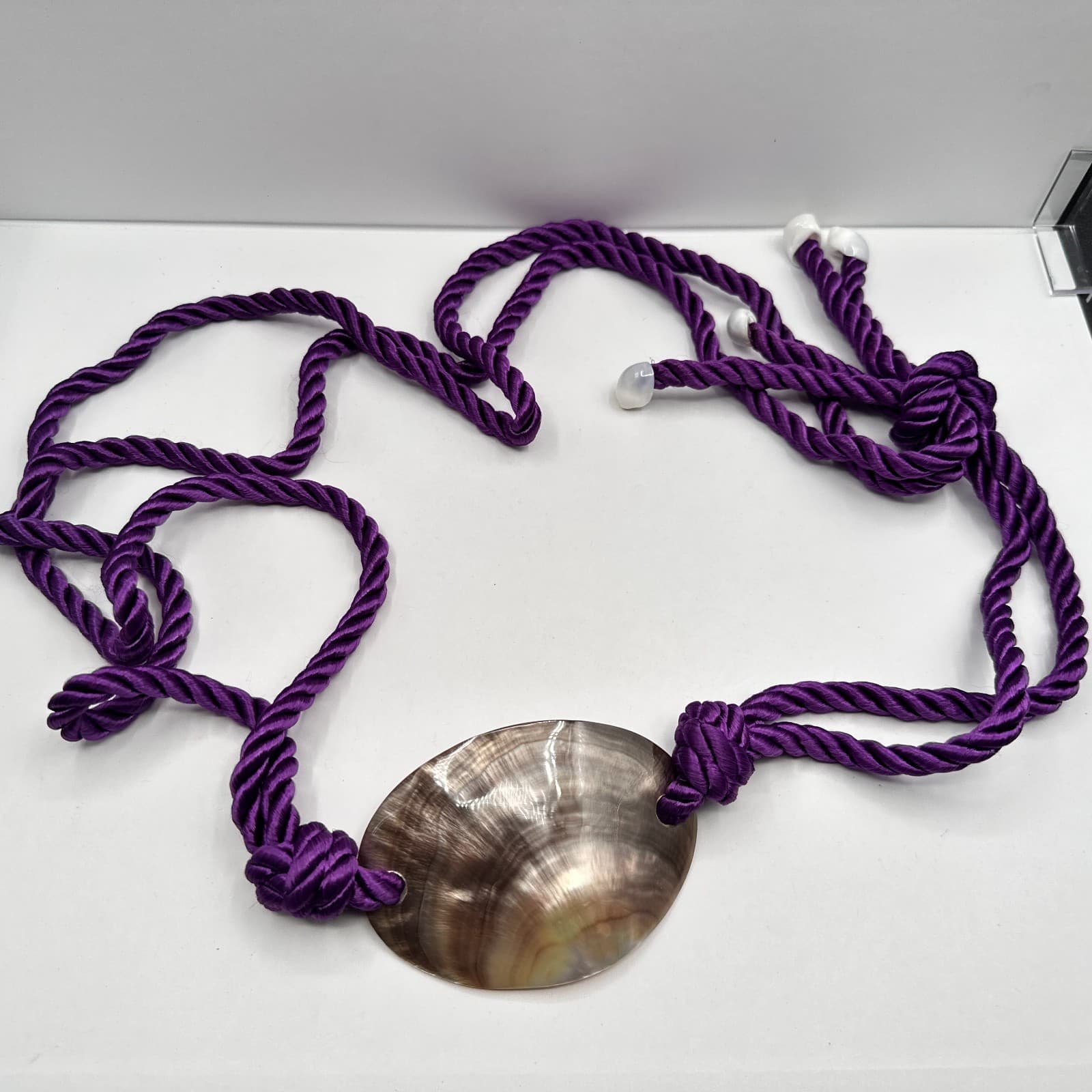 Vintage 90s Women's Purple Silk Cord Round Shell Pendant Necklace Set of Two - Thumbnail 8