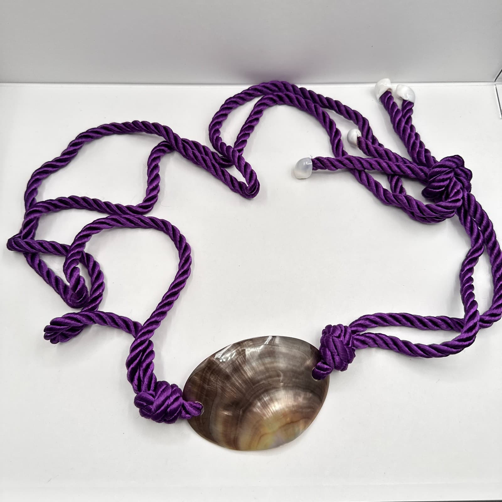 Vintage 90s Women's Purple Silk Cord Round Shell Pendant Necklace Set of Two - Thumbnail 2