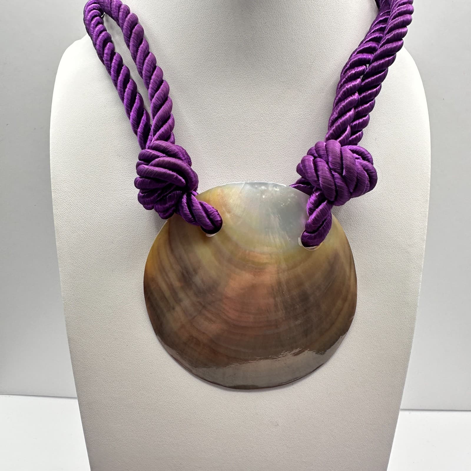 Vintage 90s Women's Purple Silk Cord Round Shell Pendant Necklace Set of Two - Thumbnail 3